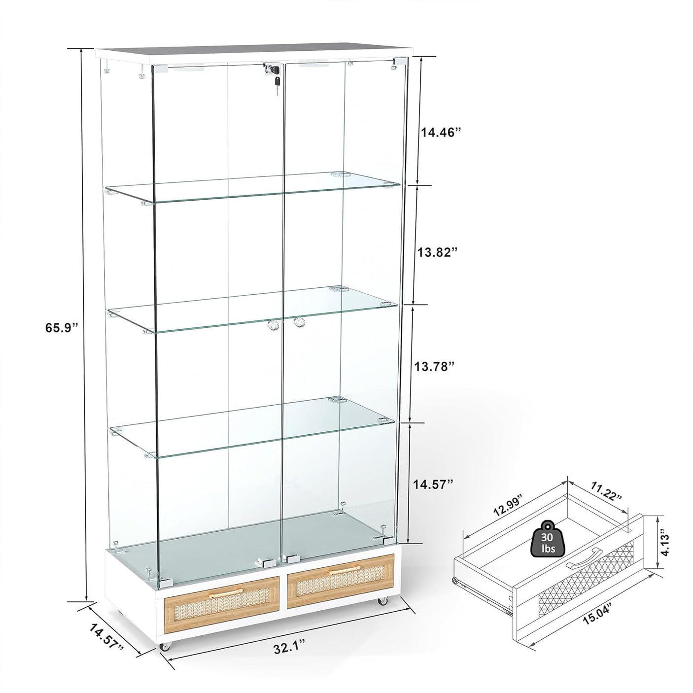 YECHEN Glass Display Cabinet with LED Lights | Double-Door Curio Cabinet with 2 Drawers