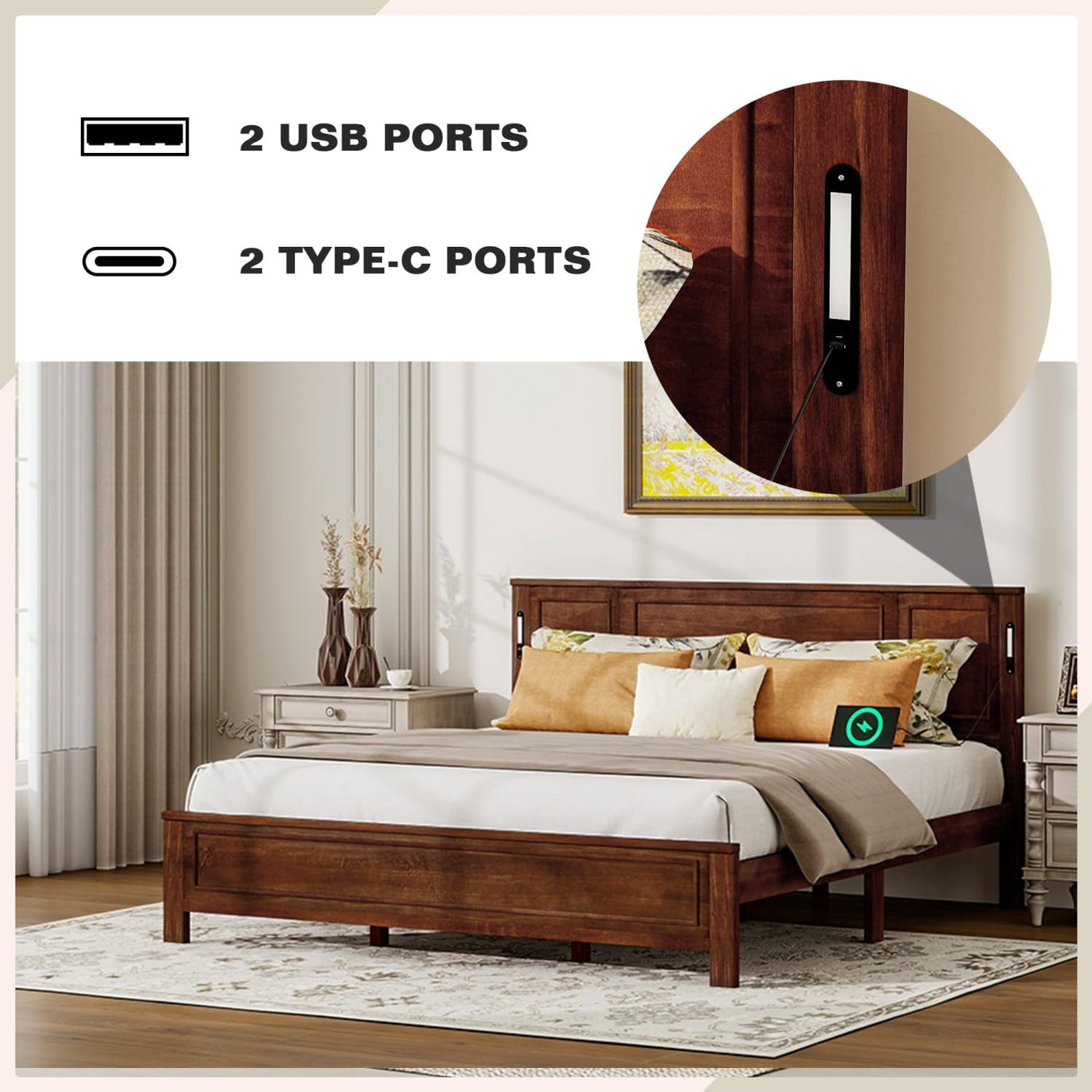 Farmhouse Bed Frame with LED Lights & Charging Station | Solid Pine Wood | Queen & King