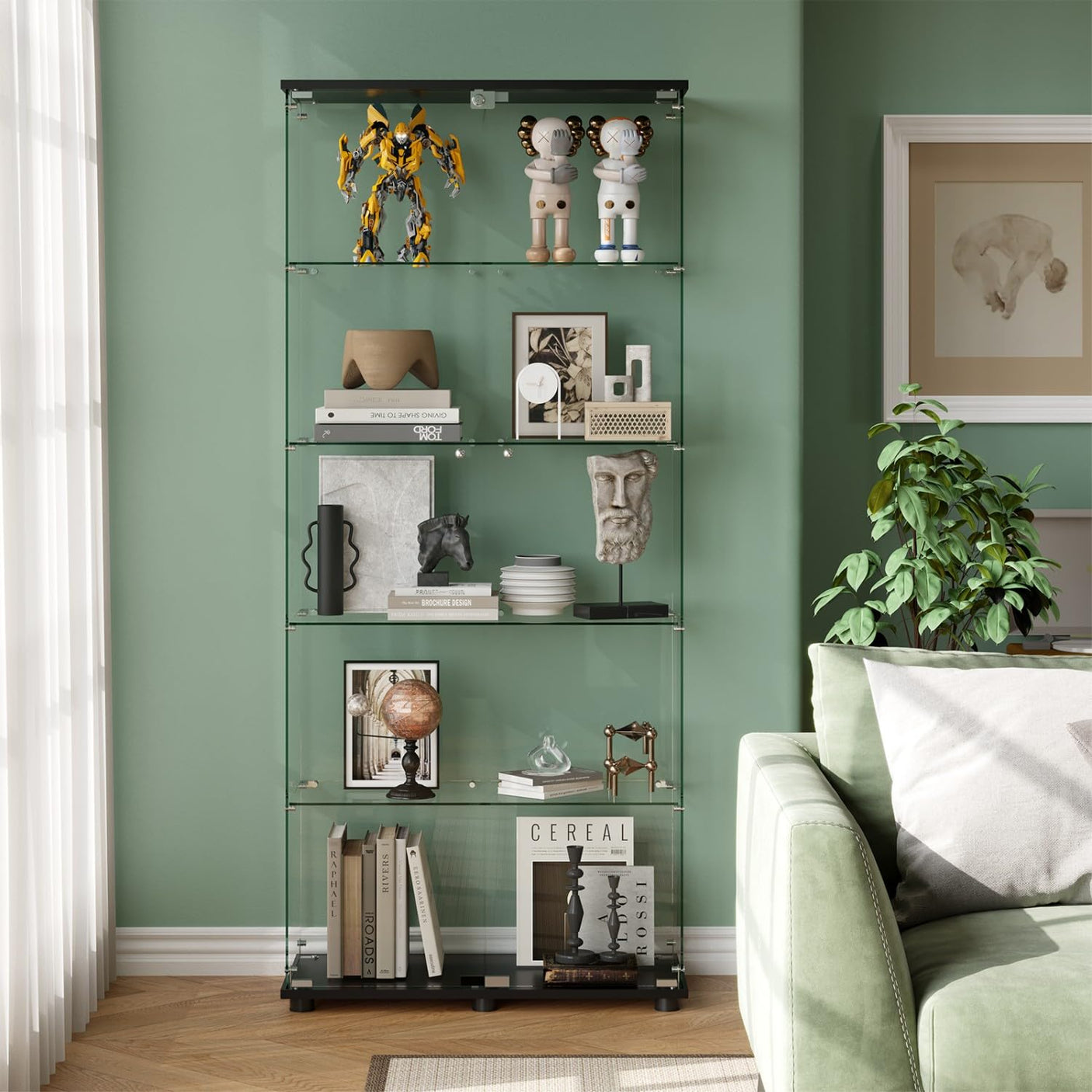 YECHEN Glass Display Cabinet with 5-Shelf | Tempered Glass Curio Cabinet with Lock, Double Doors & Anti-Topple Device