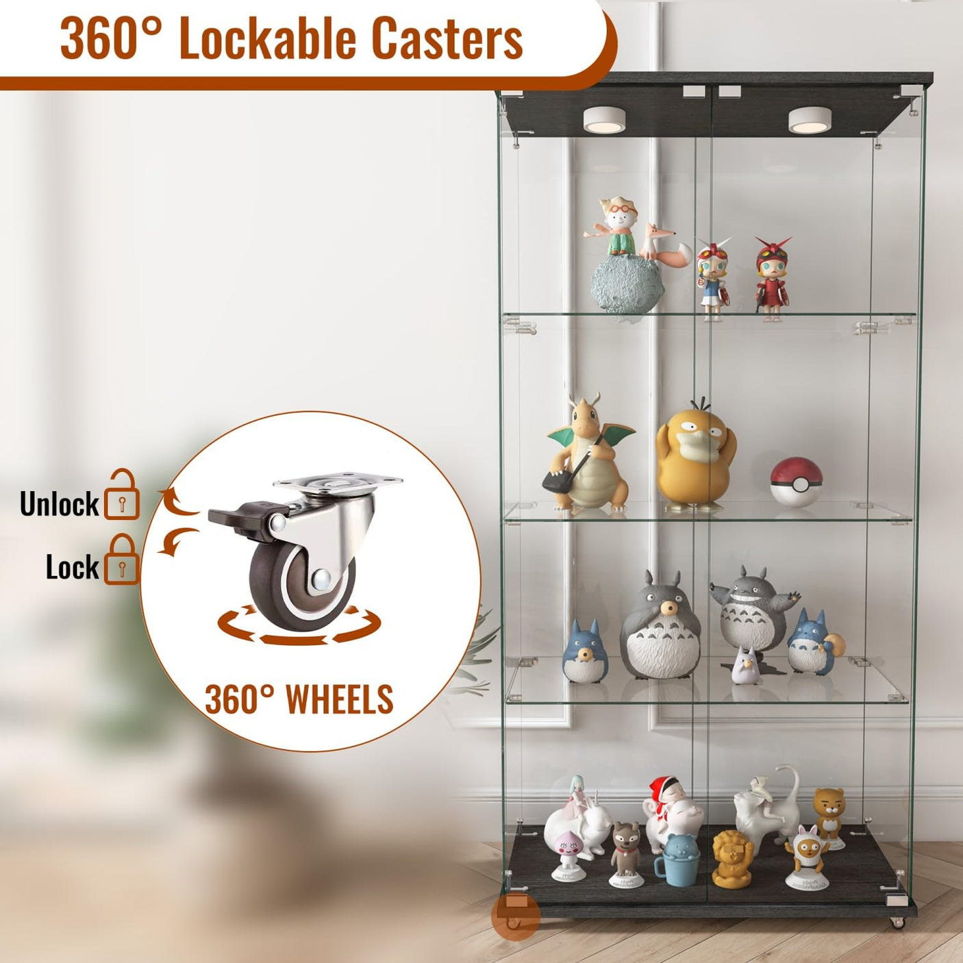 YECHEN Glass Display Cabinet with LED Lights | Tempered Glass Curio Cabinet