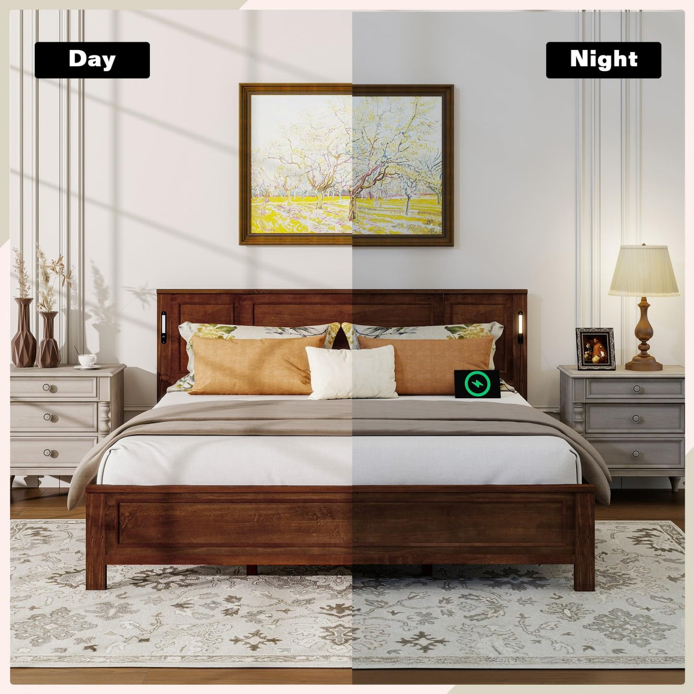Farmhouse Bed Frame with LED Lights & Charging Station | Solid Pine Wood | Queen & King