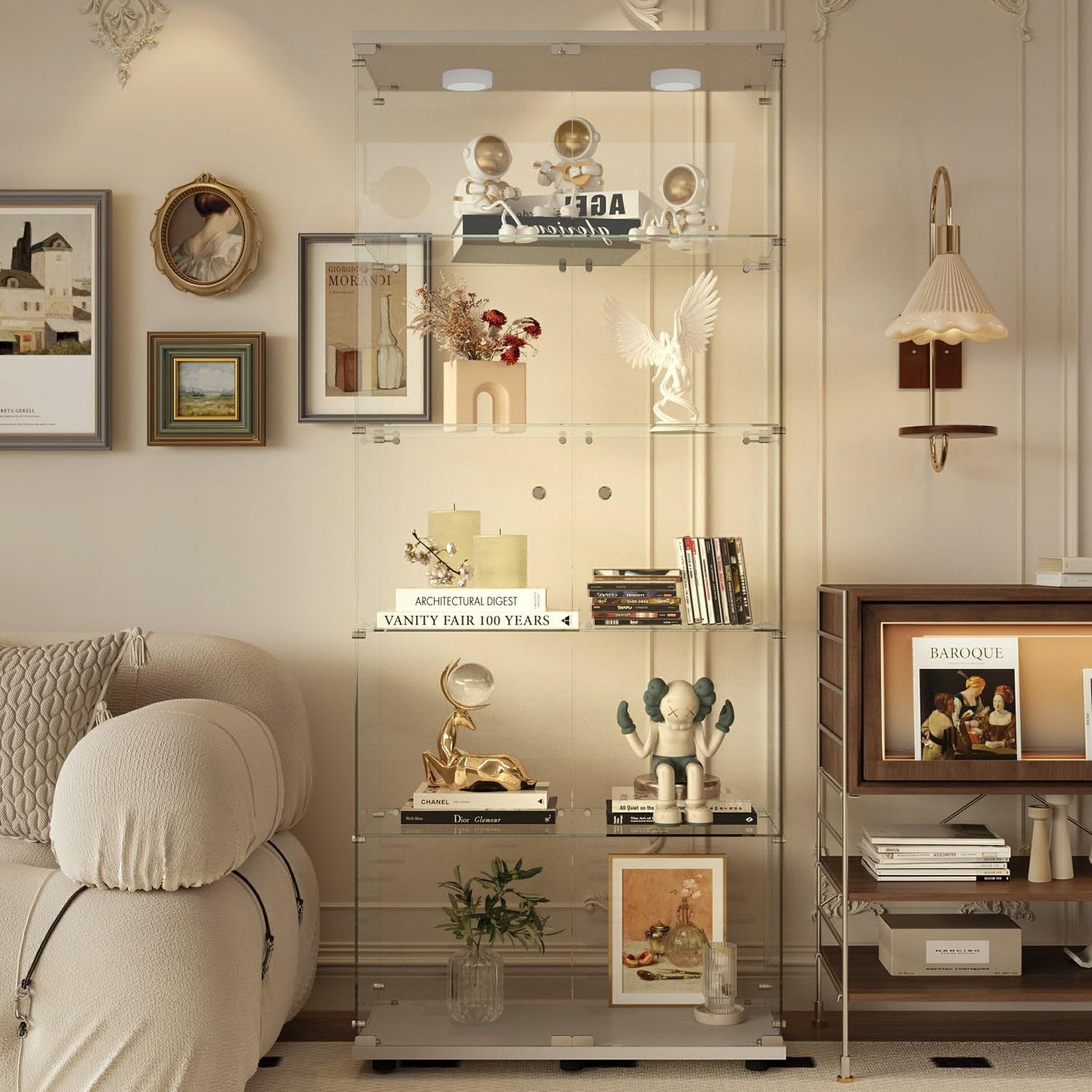 YECHEN 75" Tall White Glass Display Cabinet | 5-Tier Curio Cabinet with LED Lights & Security Lock