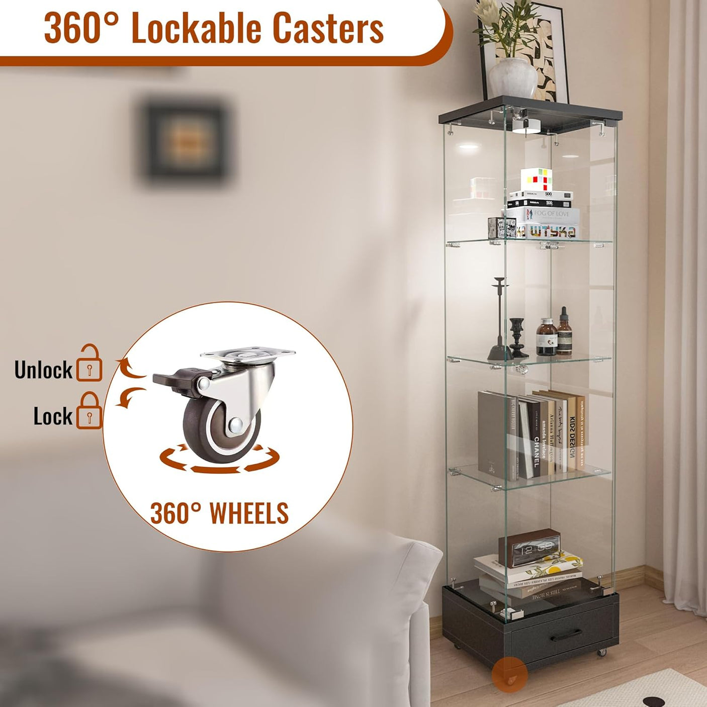 YECHEN Glass Display Cabinet with LED Lights | 4-Shelf Curio Cabinet with Drawer & Locking Door
