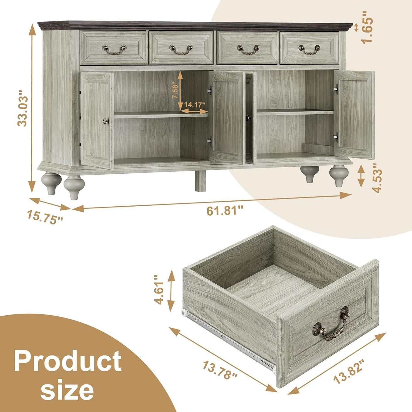 62" Large Farmhouse Buffet Cabinet with 4 Drawers & 4 Doors