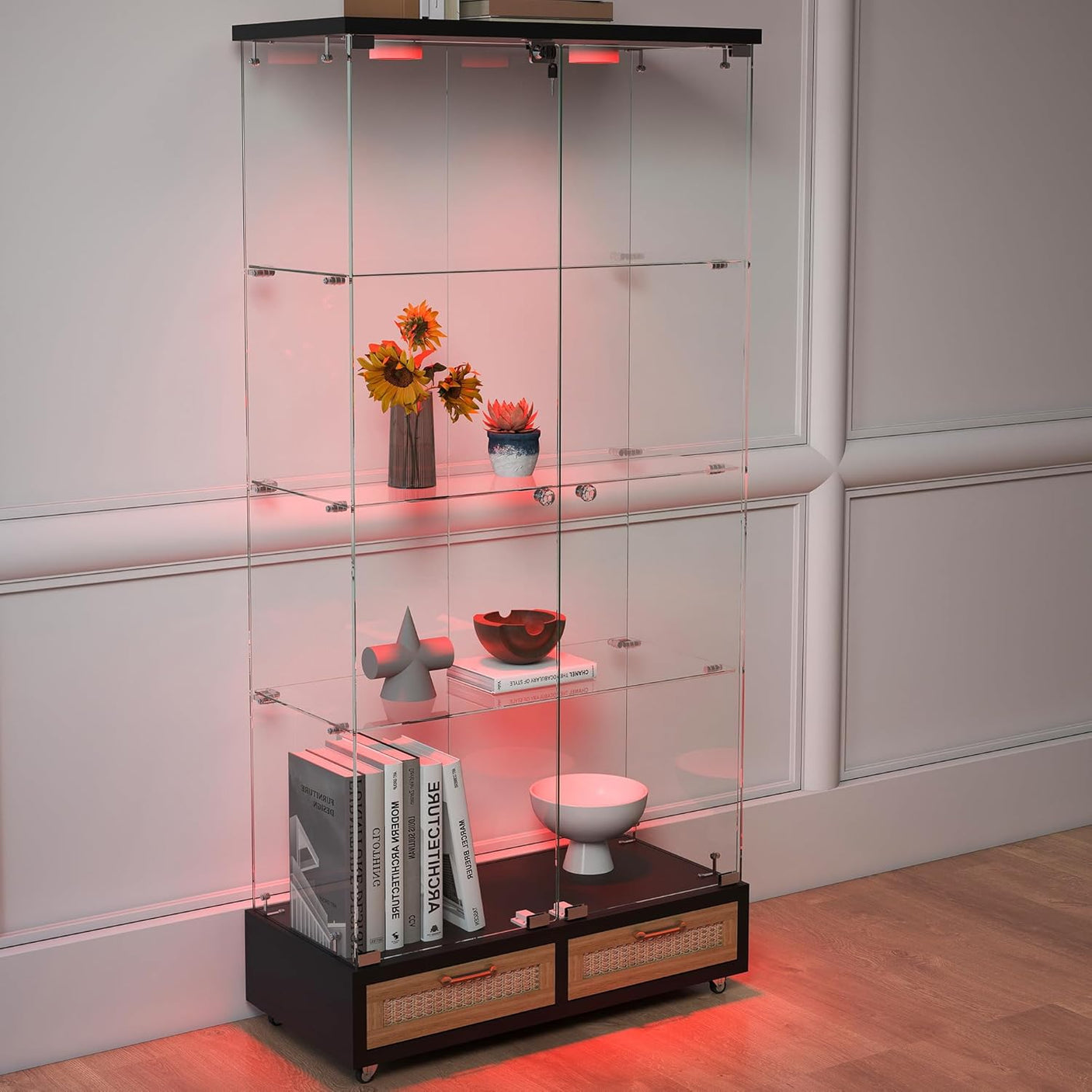 YECHEN Glass Display Cabinet with LED Lights | Double-Door Curio Cabinet with 2 Drawers