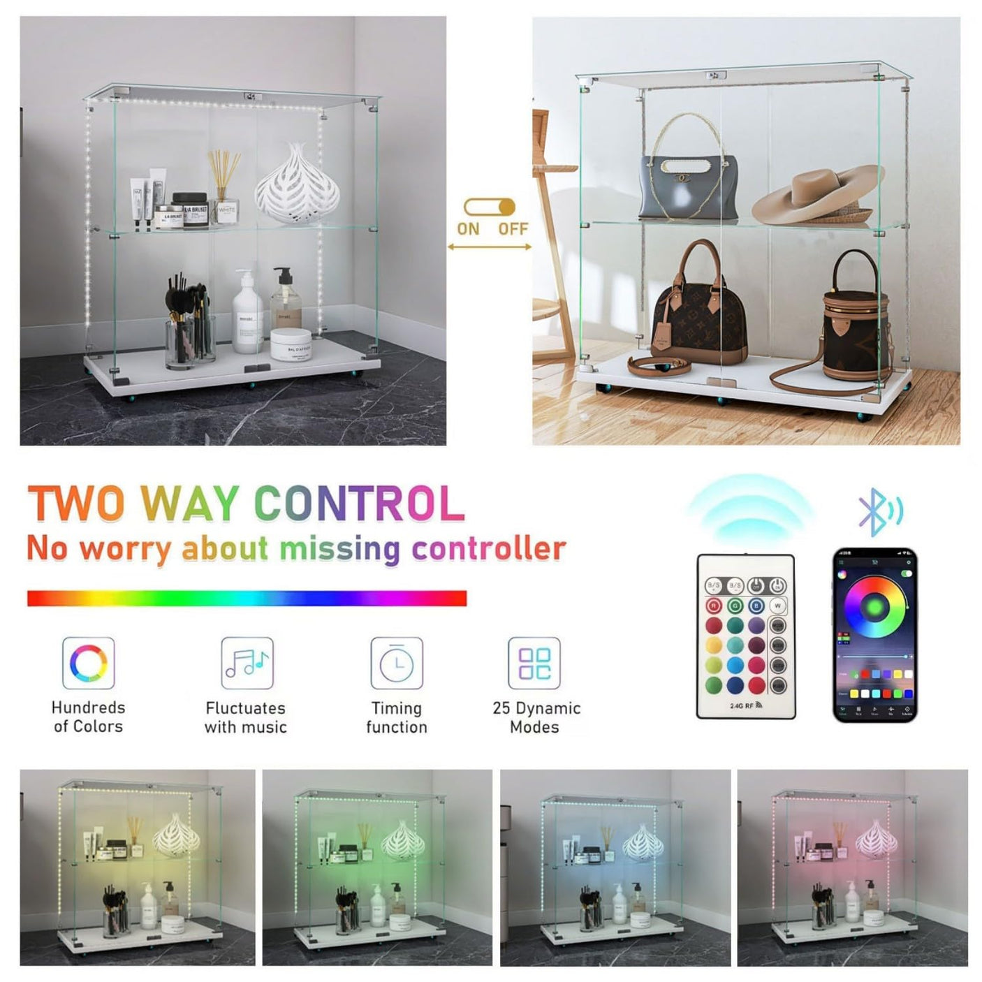 2-Tier Tempered Glass Display Cabinet with Bluetooth LED Light | Music Sync, Motion Sensor & Lockable Casters