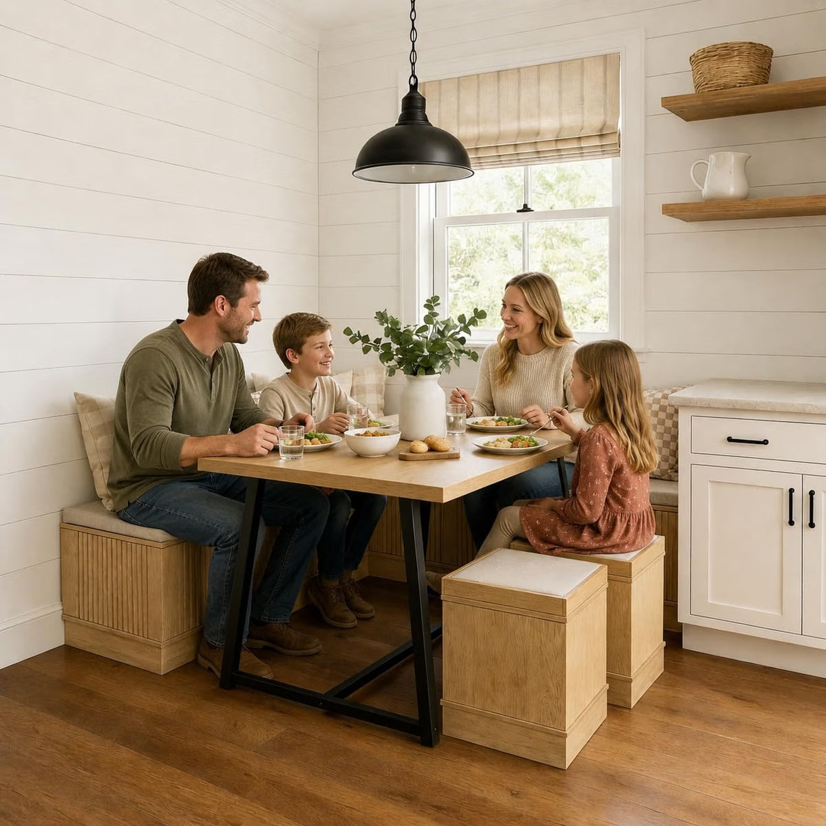 43" Corner Dining Table Set with Storage, 6-Piece Breakfast Nook with Benches & Ottomans, Seats 4-6