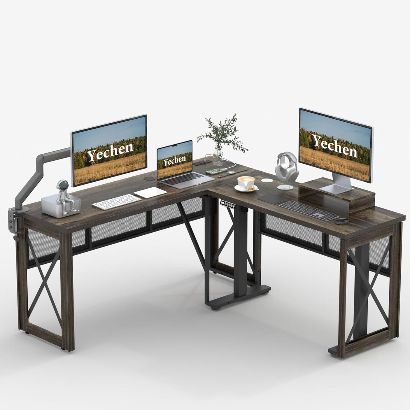 L-Shaped Standing Adjustable Desk, 4-in-1 Power Strip