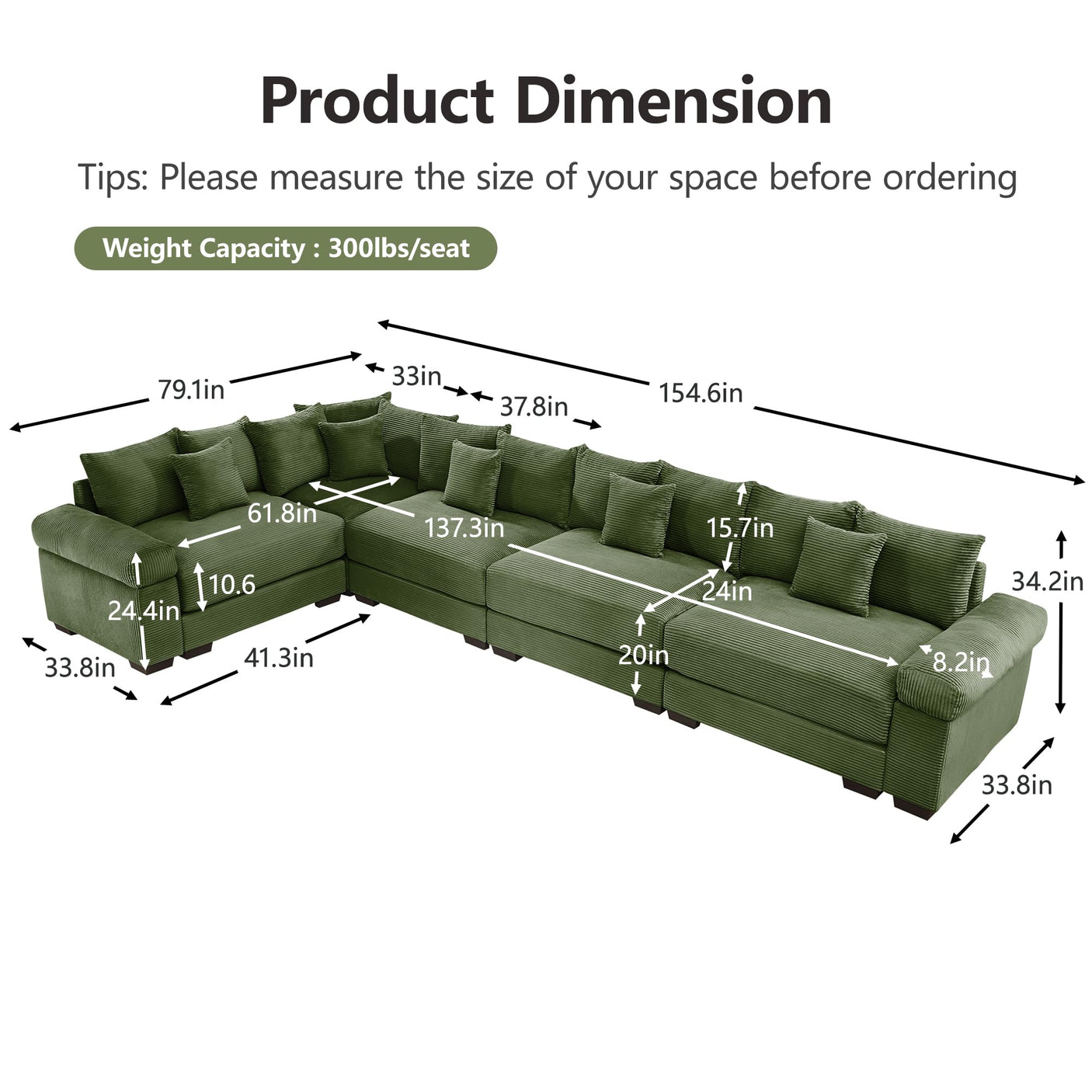 54" Oversized Corduroy Modular Sectional Sofa - Premium Comfort with High-Density Foam & Flexible Design