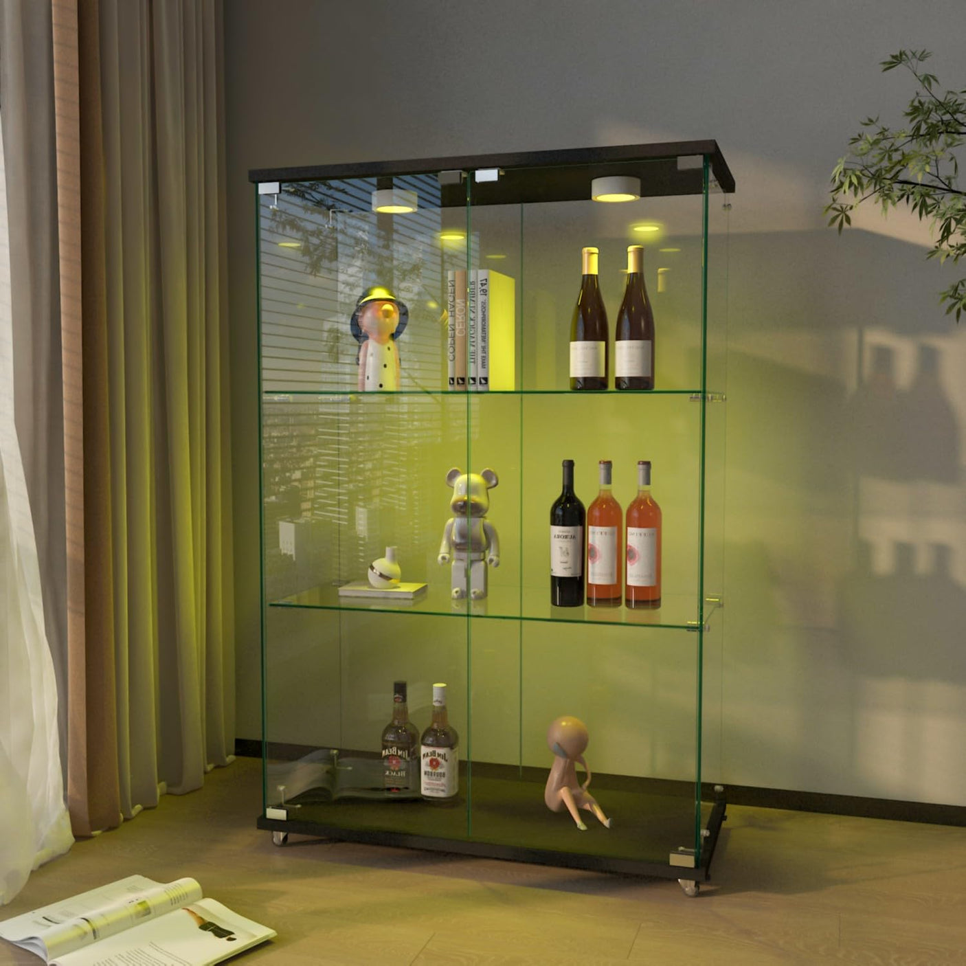 YECHEN Glass Display Cabinet with LED Lights | Tempered Glass Curio Cabinet