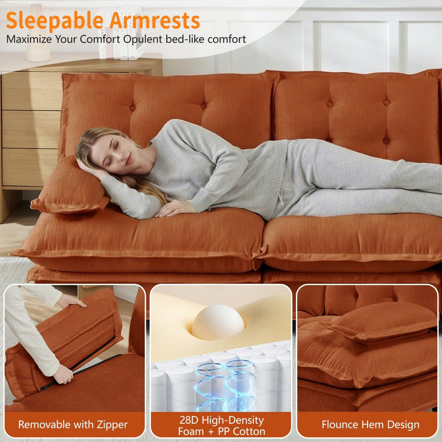 Modular Sectional Sofa with Cloud Cushions | Chenille Fabric | 2/3/4 Seater with Ottoman Options