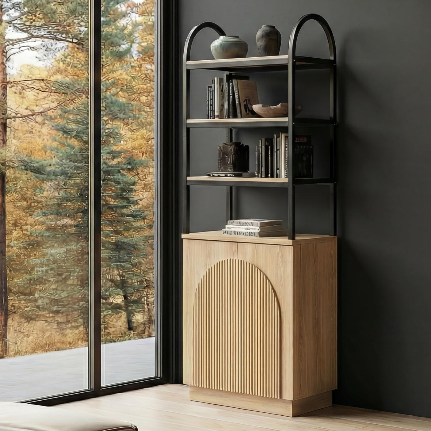 YECHEN Modern 71" Arched Bookcase with Reeded Design Doors | 7-Tier Tall Bookshelf with Storage Cabinet & Adjustable Shelves