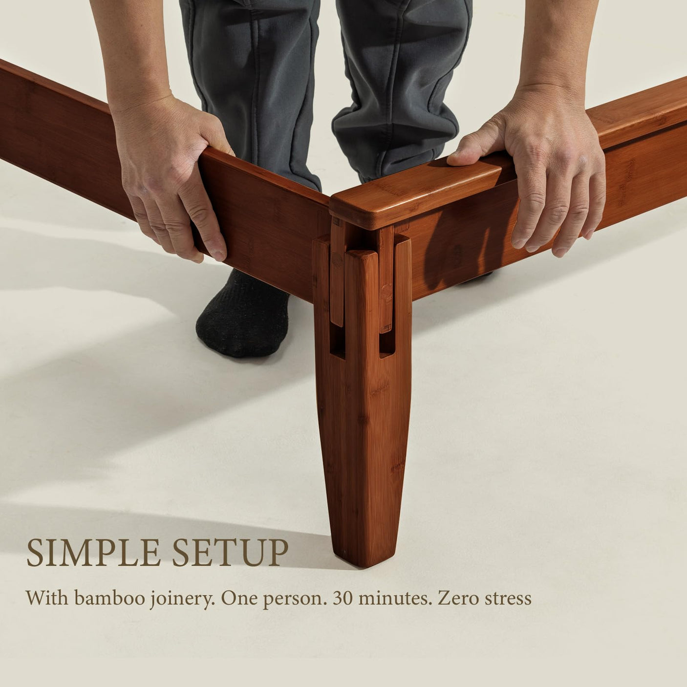 Yechen Bamboo Bed Frame – Japanese Joinery, Linen Headboard, Queen & King