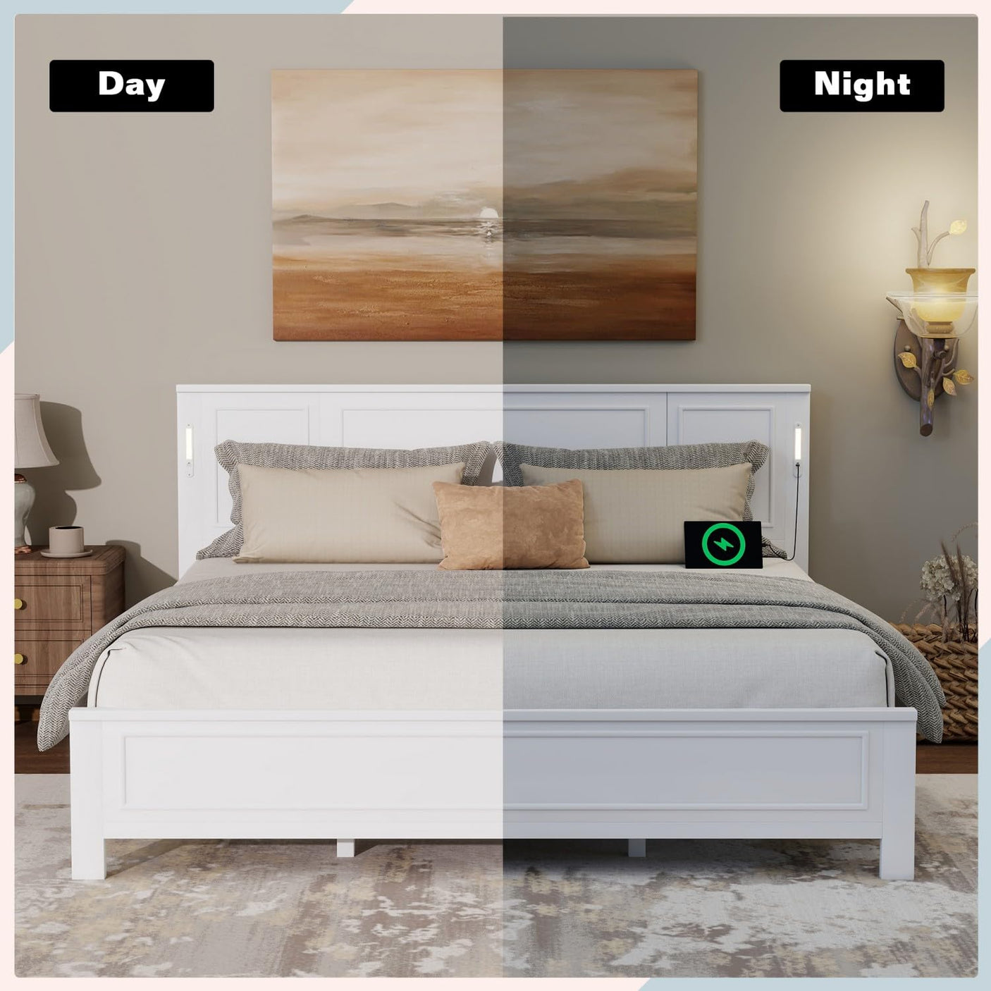 Farmhouse Bed Frame with LED Lights & Charging Station | Solid Pine Wood | Queen & King