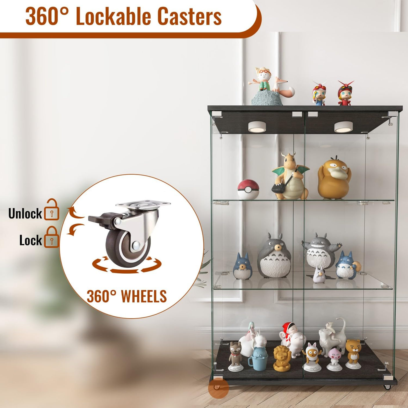 YECHEN Glass Display Cabinet with LED Lights | Tempered Glass Curio Cabinet