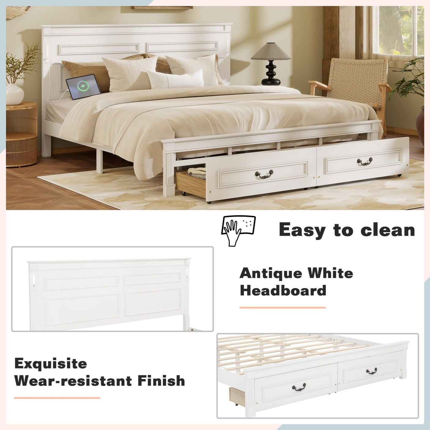 Farmhouse Bed Frame with Storage Drawers & LED Lights | Solid Pine Wood