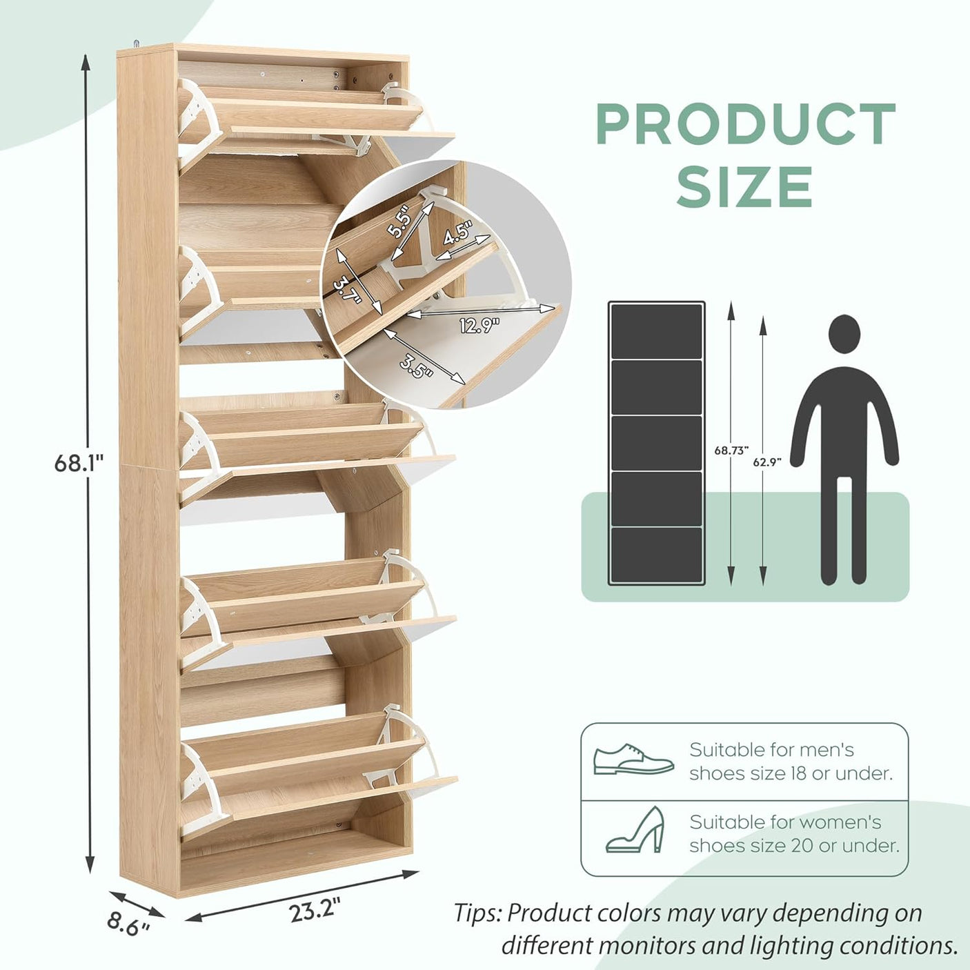 Mirror Shoe Cabinet with 5 Flip Drawers