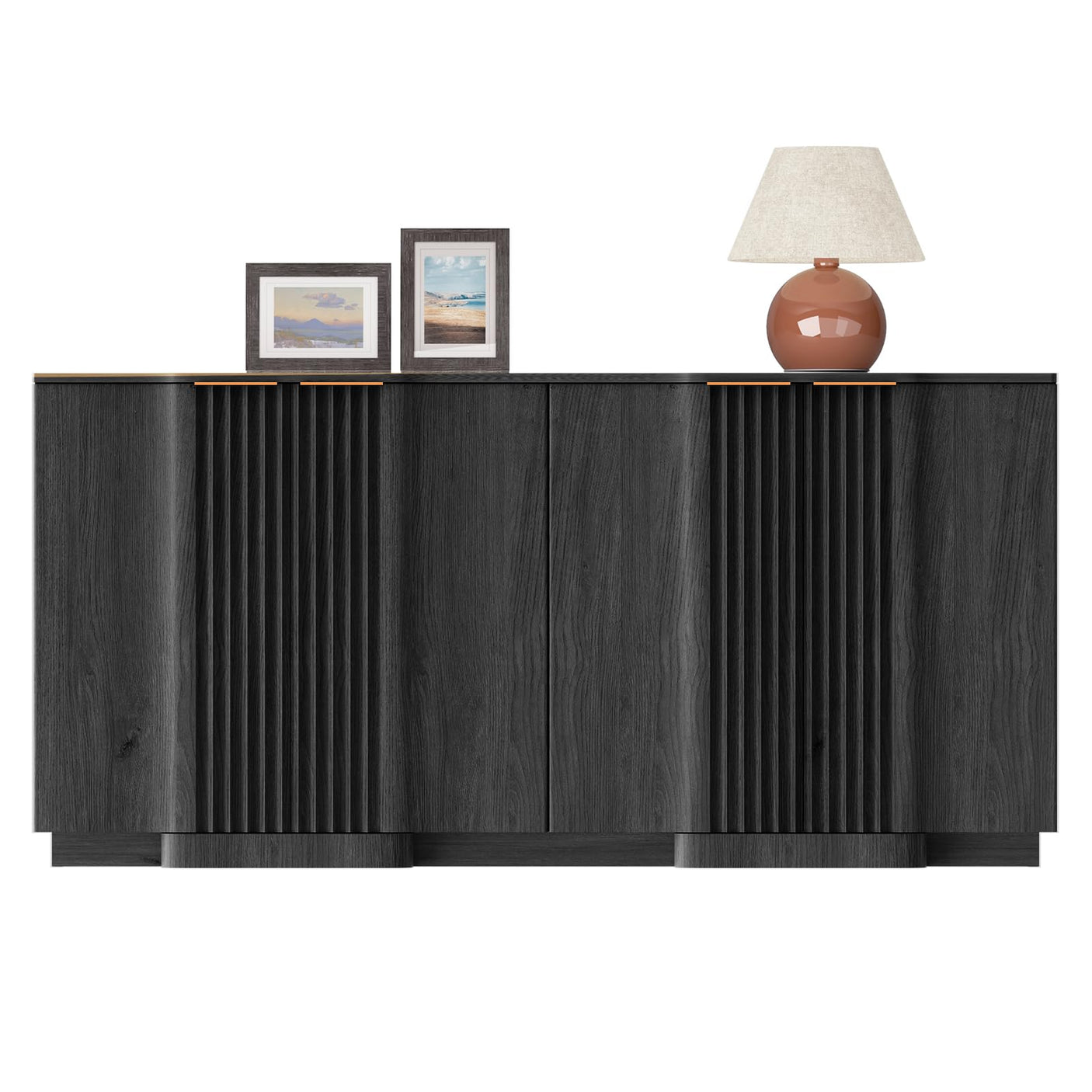 55" Buffet Cabinet with Storage, Modern Fluted Sideboard in Black – FSC Wood, Adjustable Shelves