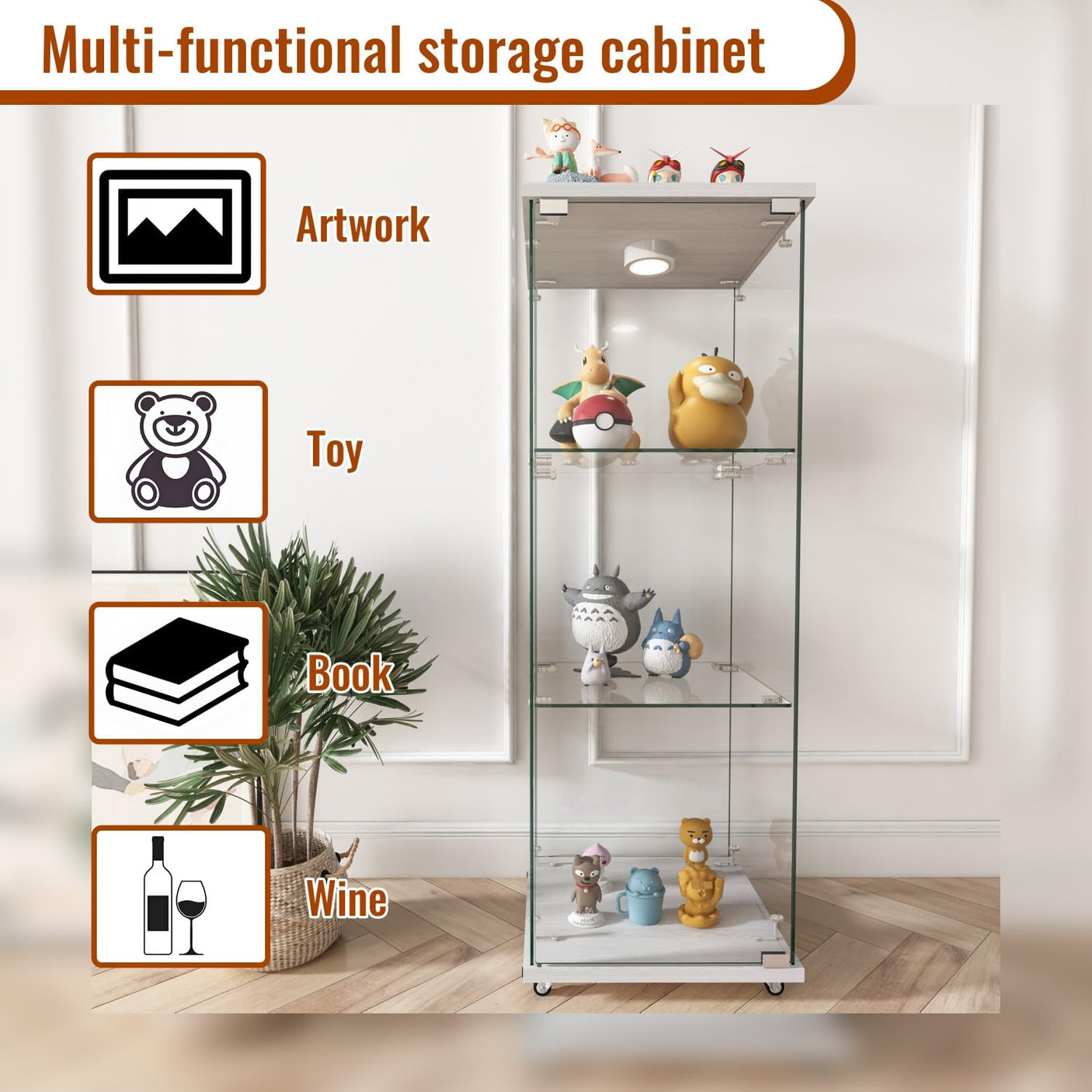 YECHEN Glass Display Cabinet with LED Lights | Tempered Glass Curio Cabinet