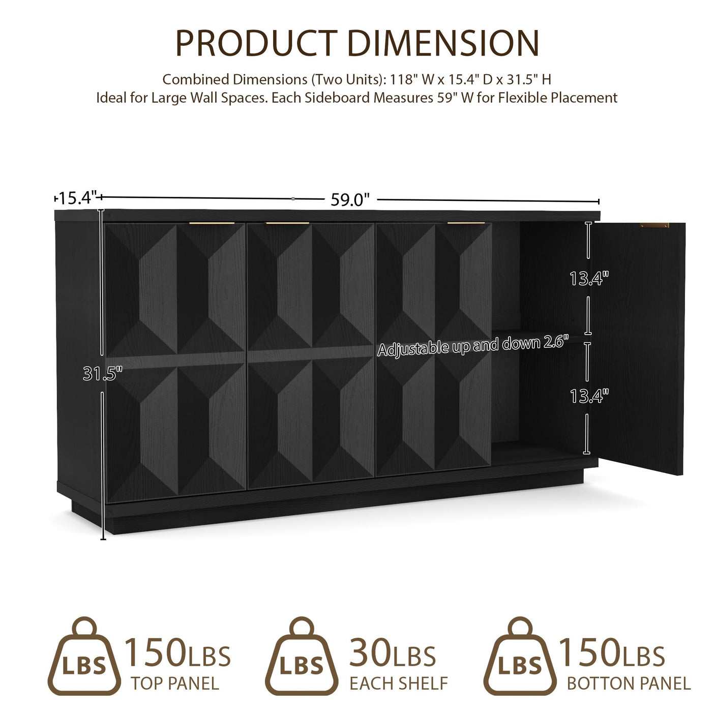 Yechen 59" Walnut Sideboard – Modern 3D Geometric Buffet Cabinet