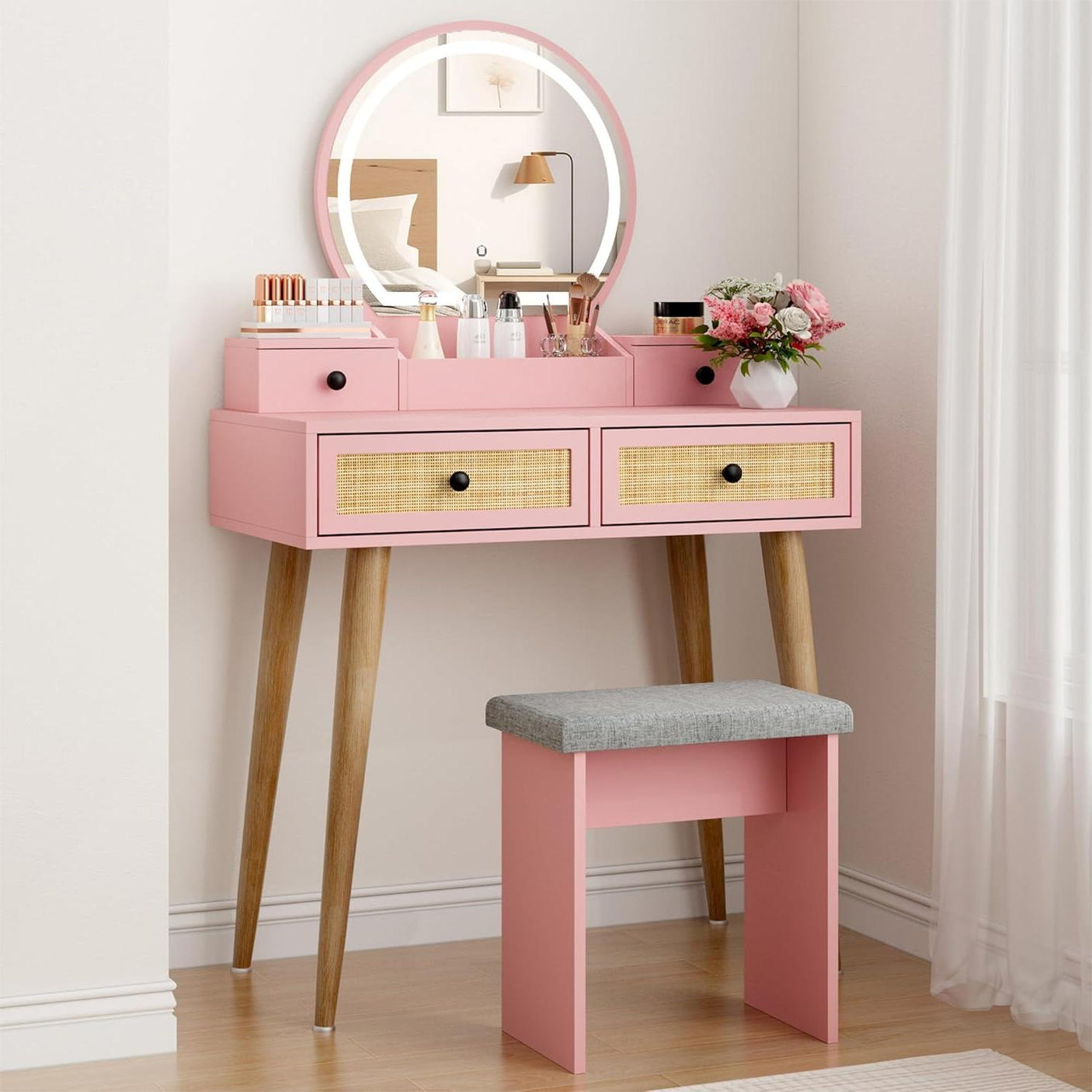 30" Vintage Makeup Vanity Table Set with Flip-Top Mirror & Rattan Drawers, Compact Dressing Table with Padded Stool