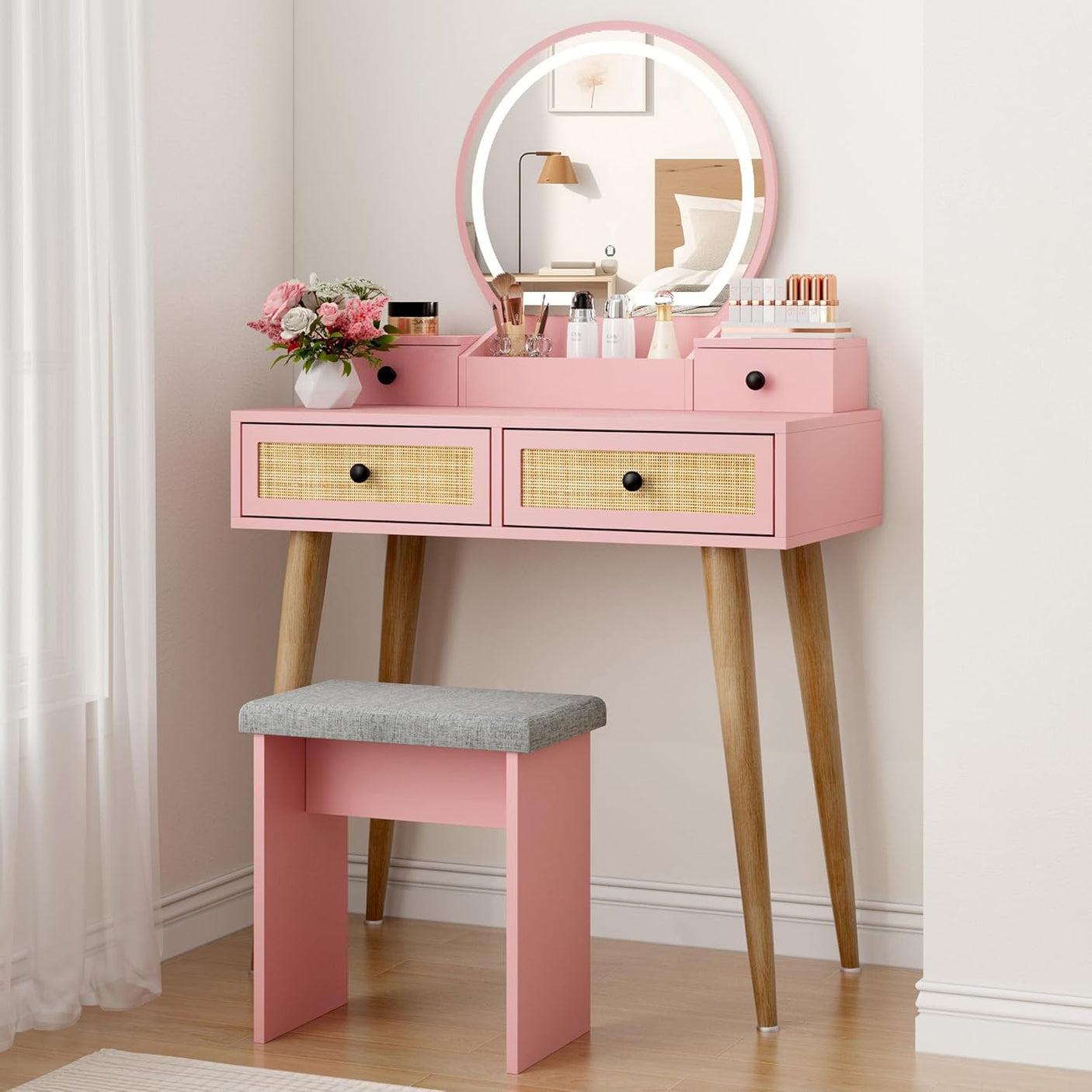 30" Vintage Makeup Vanity Table Set with Flip-Top Mirror & Rattan Drawers, Compact Dressing Table with Padded Stool