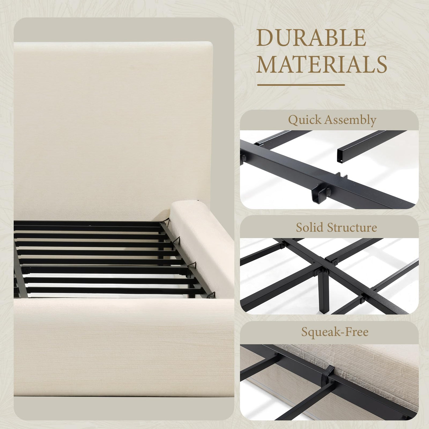 Yechen Cloud Bed Frame | Ribbed Chenille Upholstered Bed with 5.9" Padded Headboard | Queen & King