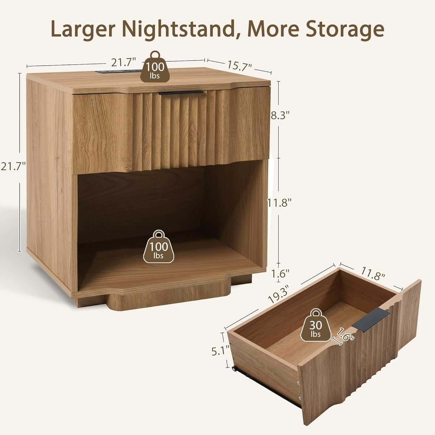 Fluted Night Stand with 20W Fast Charging Station