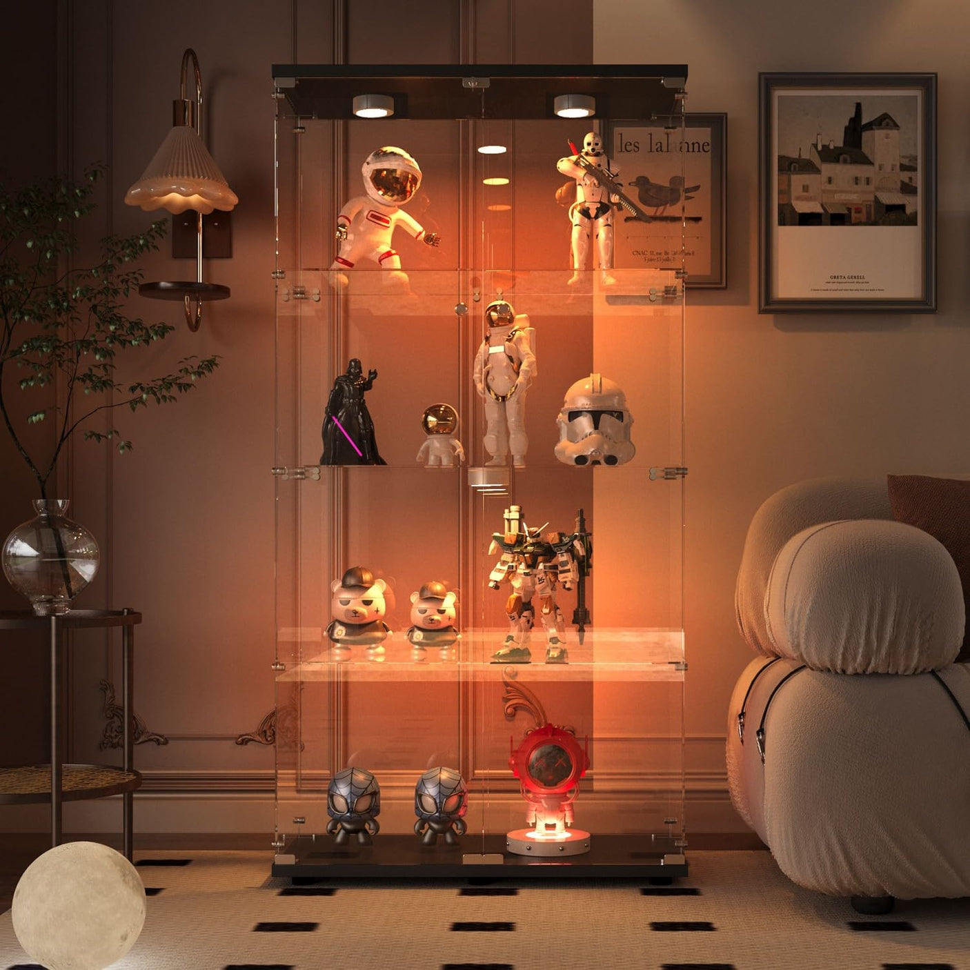 YECHEN 65" Smart Glass Display Cabinet | Bluetooth LED Lights, Music Sync & Swivel Casters – 4-Tier Curio Cabinet