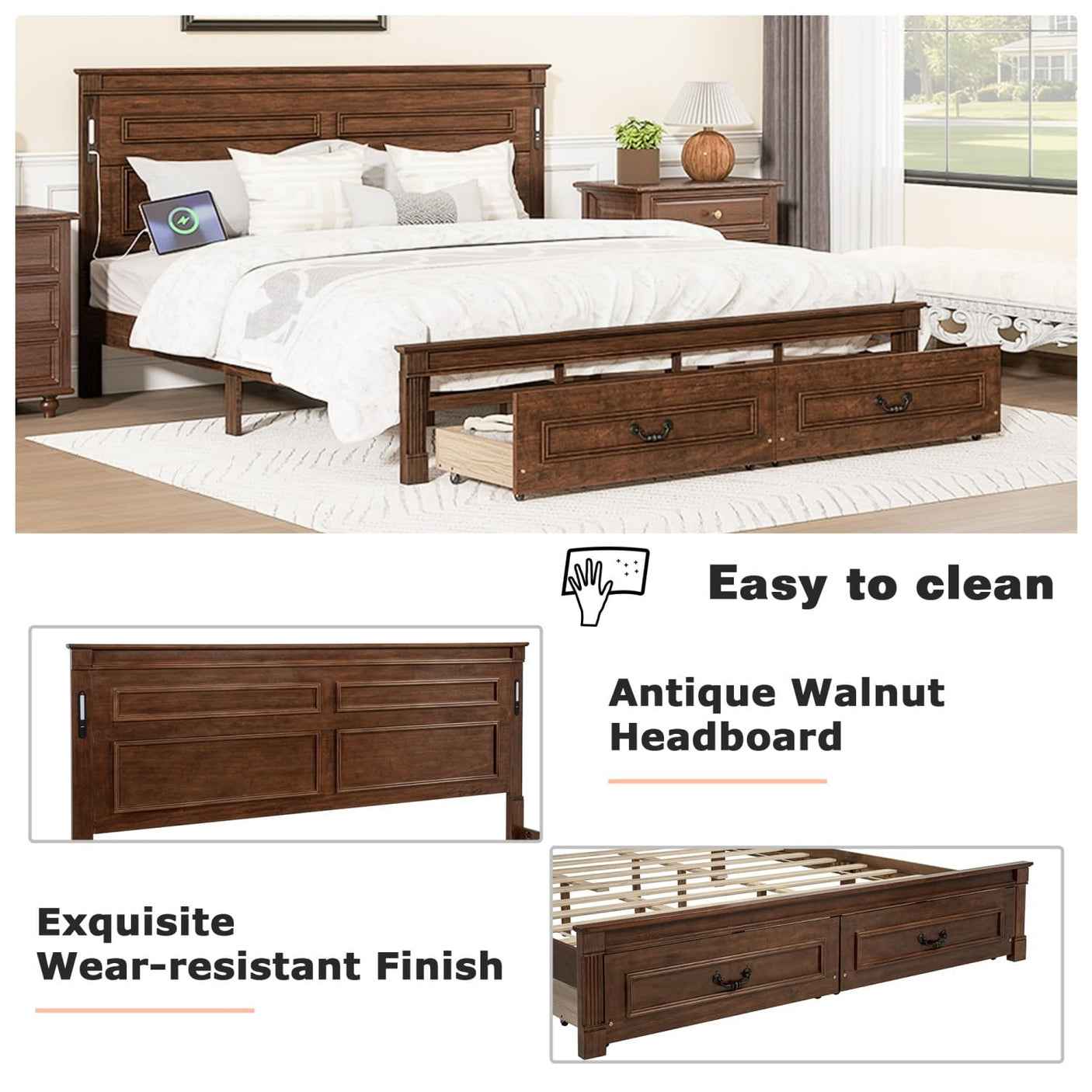 Farmhouse Bed Frame with Storage Drawers & LED Lights | Solid Pine Wood