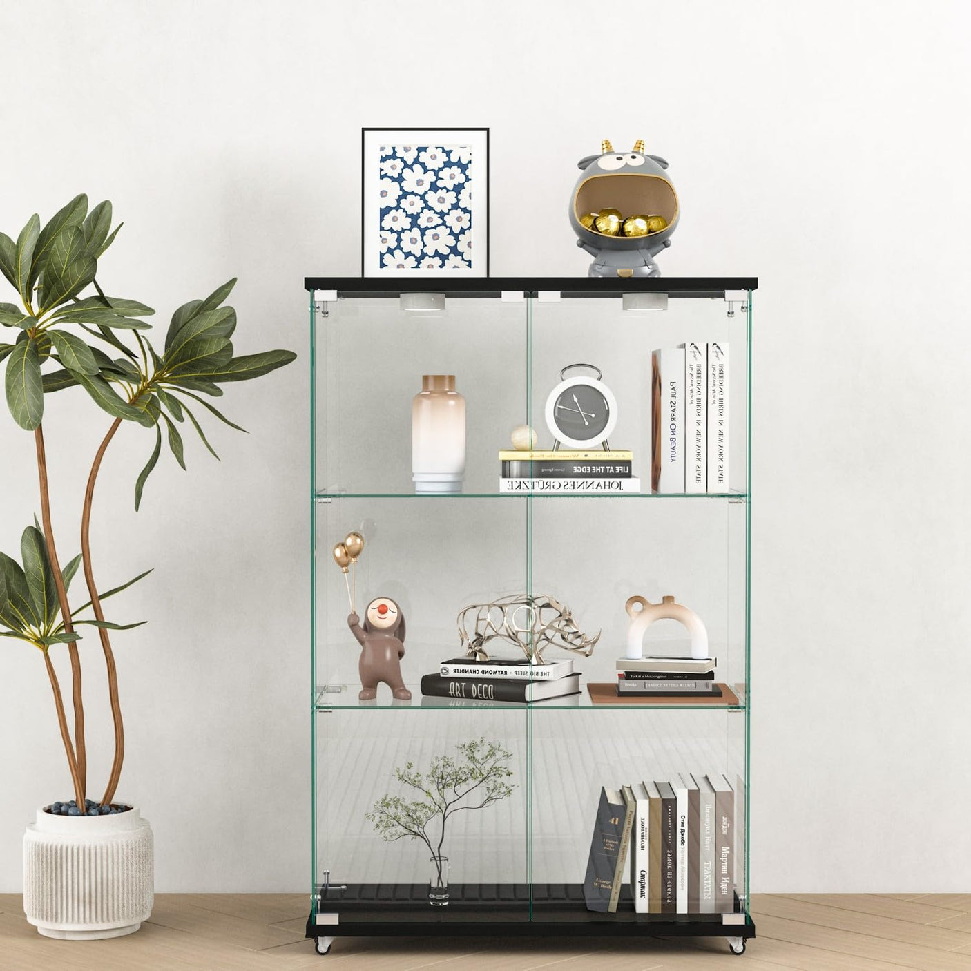 YECHEN Glass Display Cabinet with LED Lights | Tempered Glass Curio Cabinet