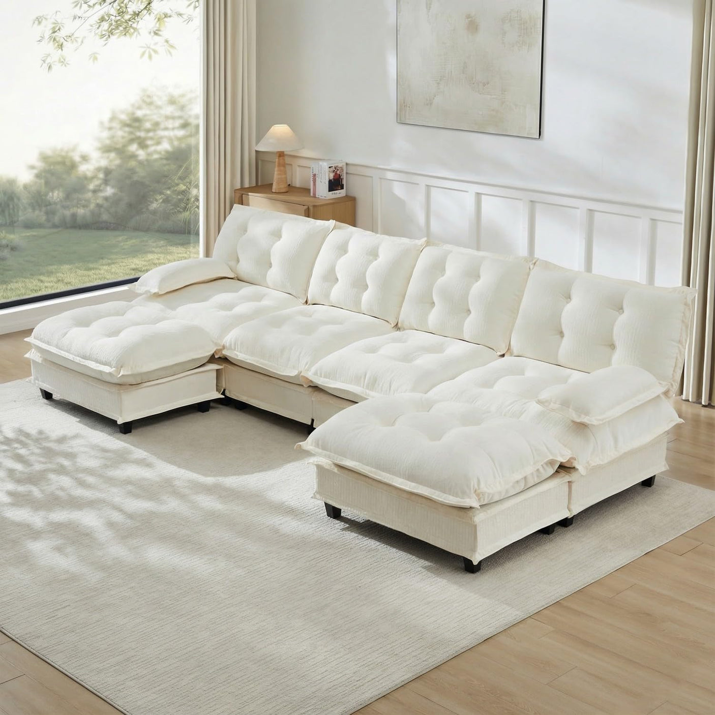 Modular Sectional Sofa with Cloud Cushions | Chenille Fabric | 2/3/4 Seater with Ottoman Options