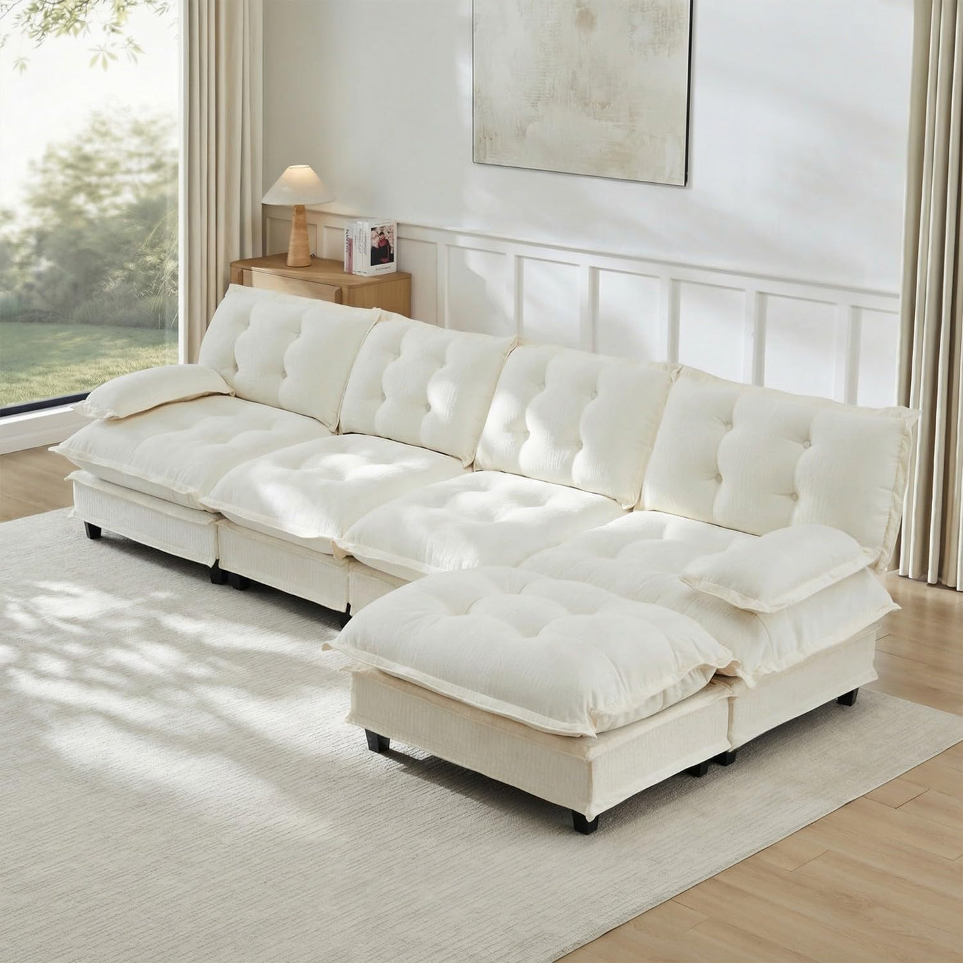 Modular Sectional Sofa with Cloud Cushions | Chenille Fabric | 2/3/4 Seater with Ottoman Options