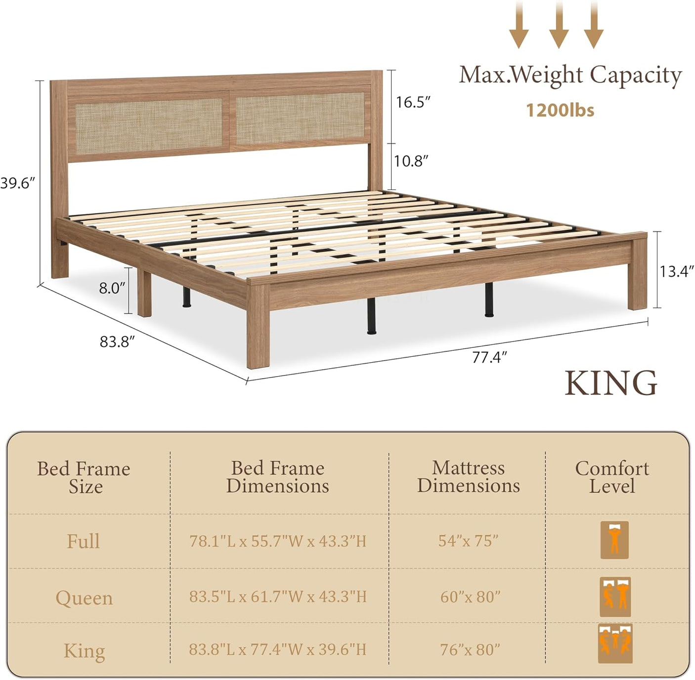 Rattan Boho Bed Frame with Headboard | Full Queen King | Natural Walnut Platform Bed