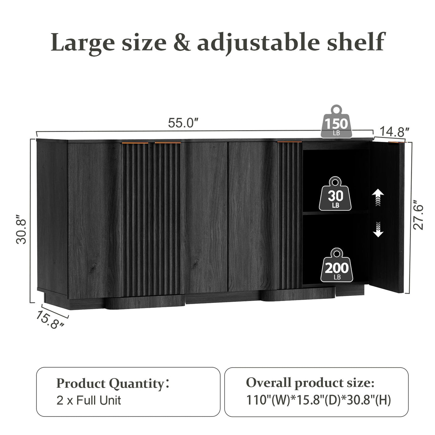 55" Buffet Cabinet with Storage, Modern Fluted Sideboard in Black – FSC Wood, Adjustable Shelves