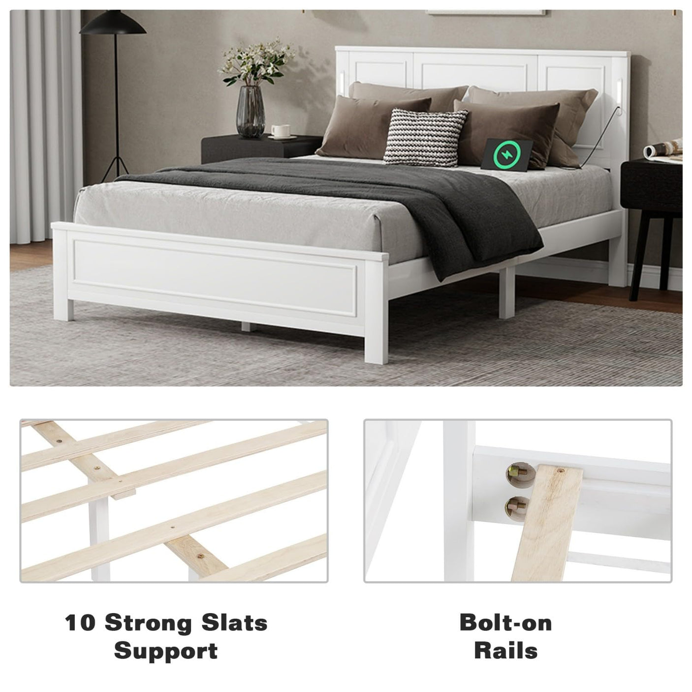 Farmhouse Bed Frame with LED Lights & Charging Station | Solid Pine Wood | Queen & King
