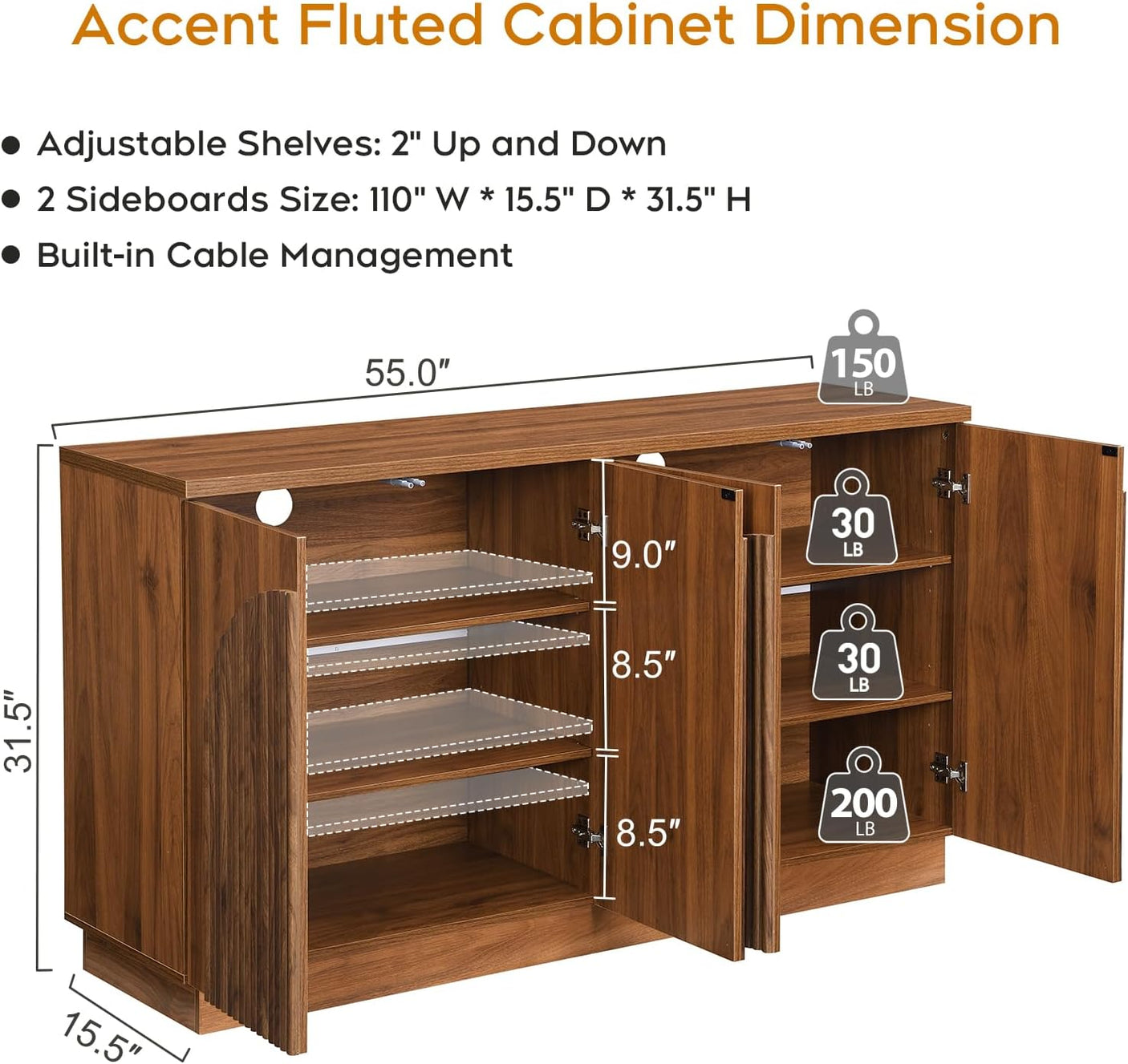 Arched Reeded Design Sideboard Buffet Cabinet