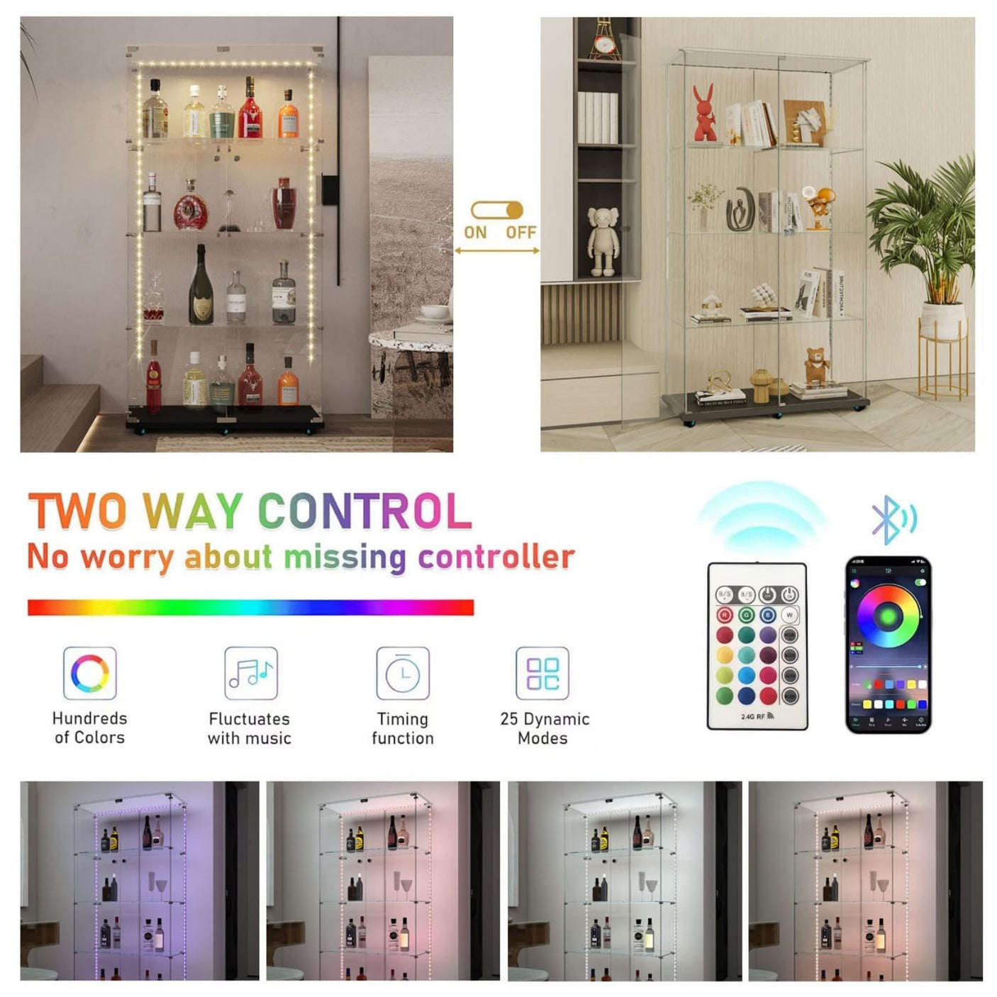 YECHEN 65" Smart Glass Display Cabinet | Bluetooth LED Lights, Music Sync & Swivel Casters – 4-Tier Curio Cabinet