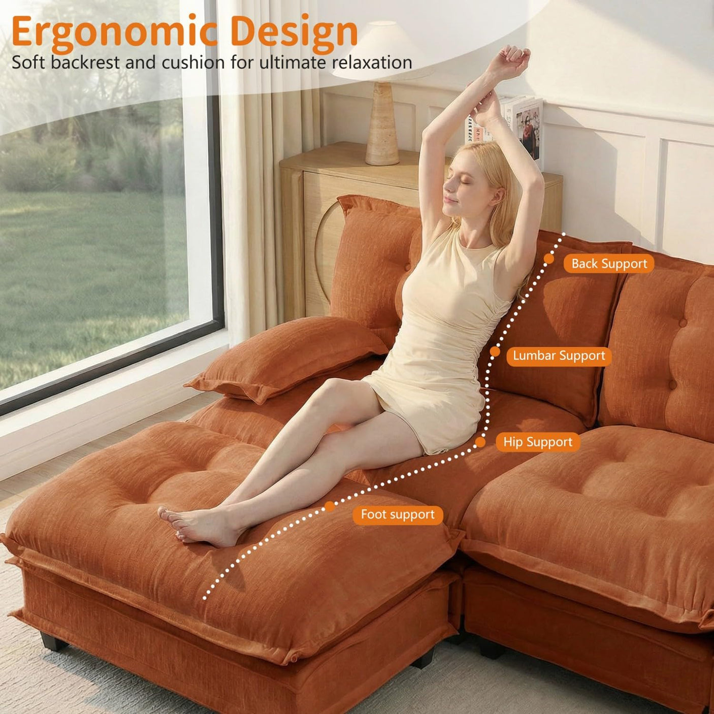 Modular Sectional Sofa with Cloud Cushions | Chenille Fabric | 2/3/4 Seater with Ottoman Options