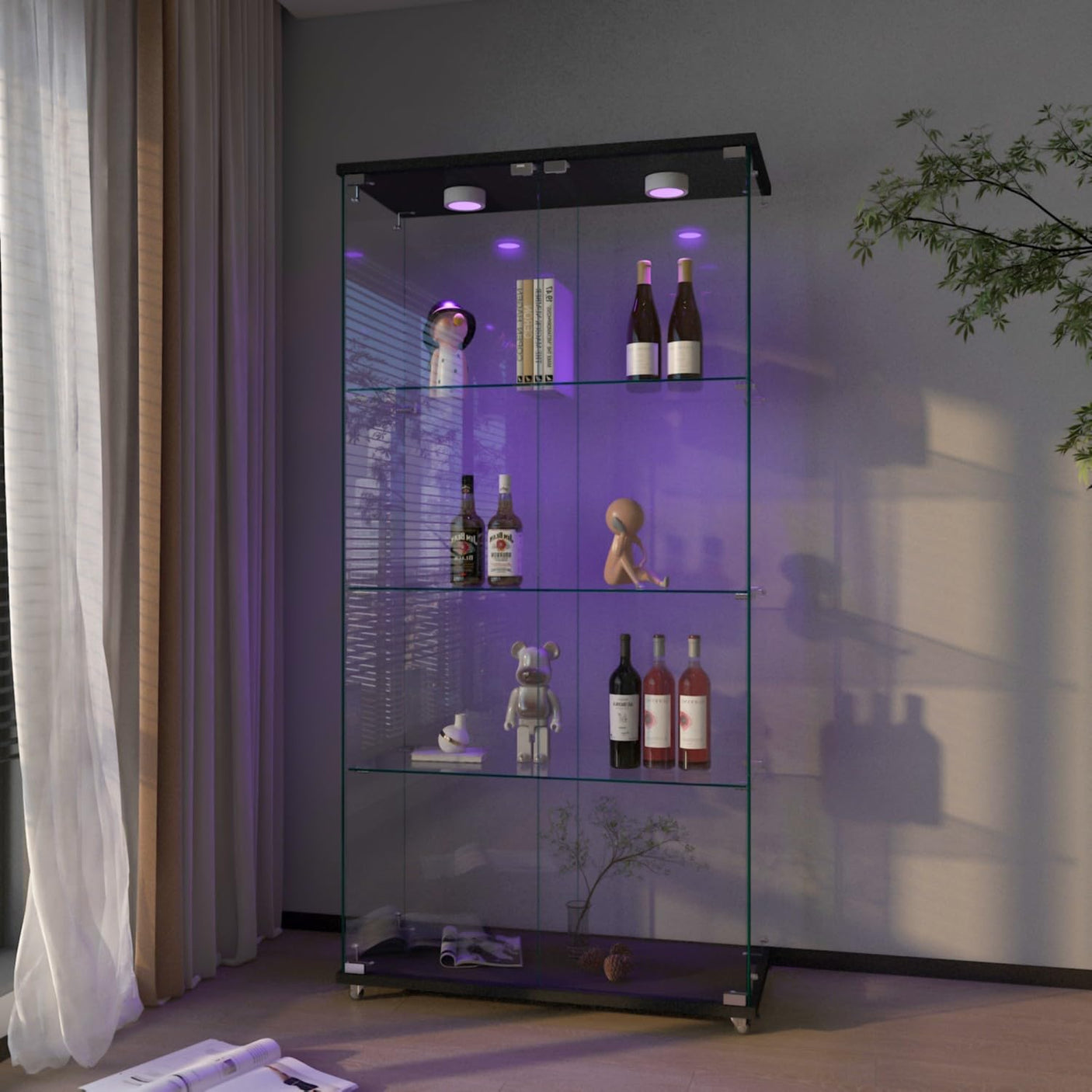 YECHEN Glass Display Cabinet with LED Lights | Tempered Glass Curio Cabinet