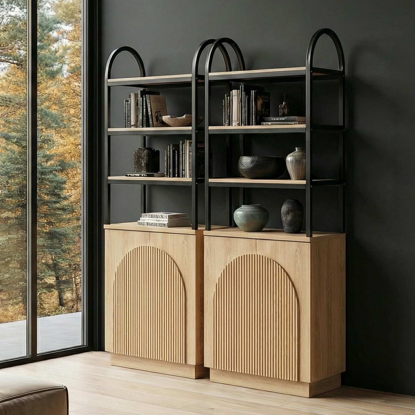 YECHEN Modern 71" Arched Bookcase with Reeded Design Doors | 7-Tier Tall Bookshelf with Storage Cabinet & Adjustable Shelves