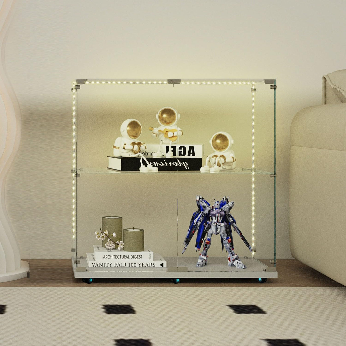 2-Tier Tempered Glass Display Cabinet with Bluetooth LED Light | Music Sync, Motion Sensor & Lockable Casters