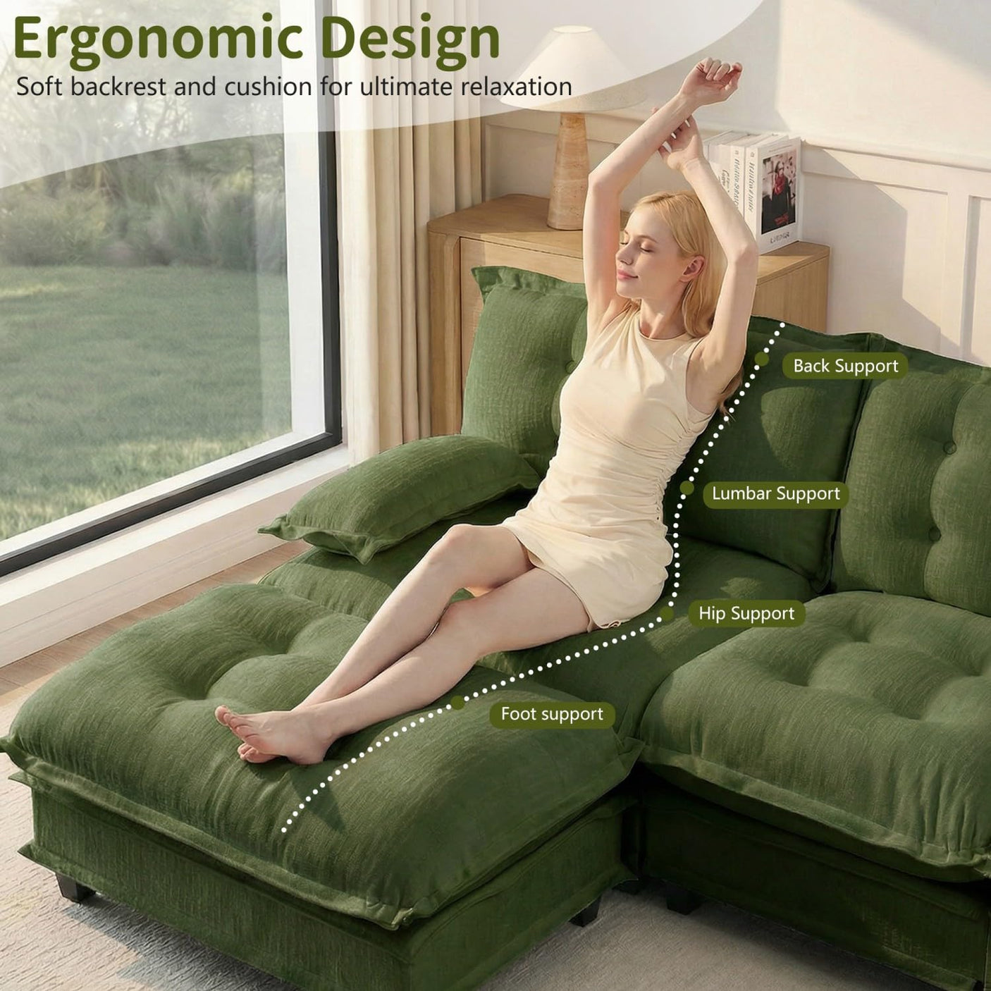 Modular Sectional Sofa with Cloud Cushions | Chenille Fabric | 2/3/4 Seater with Ottoman Options