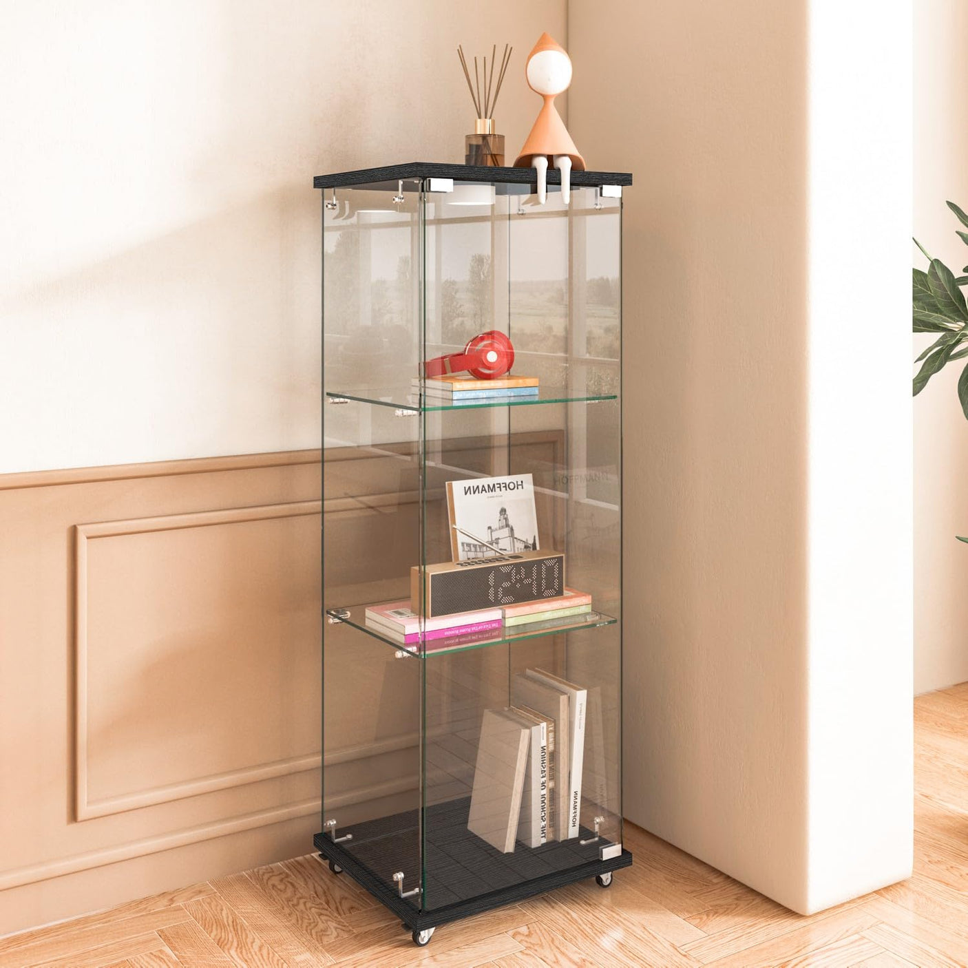 YECHEN Glass Display Cabinet with LED Lights | Tempered Glass Curio Cabinet