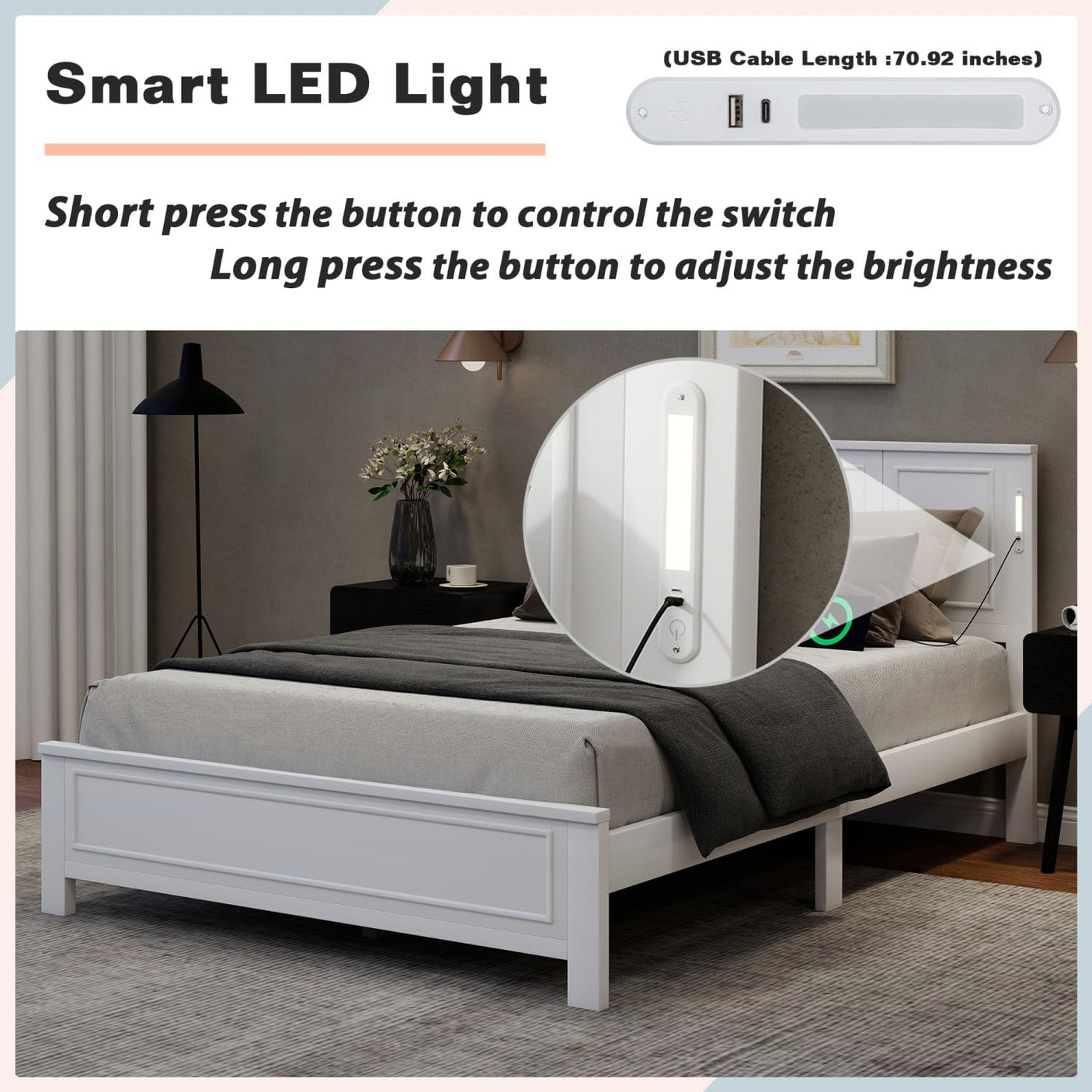 Farmhouse Bed Frame with LED Lights & Charging Station | Solid Pine Wood | Queen & King