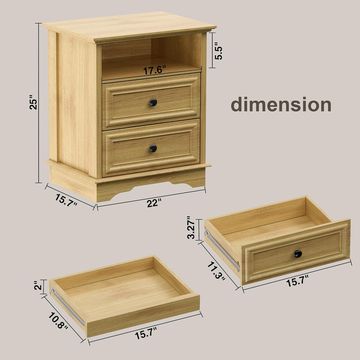 Farmhouse Mid Century Modern Nightstand, 2-Drawer 25" Tall Wood