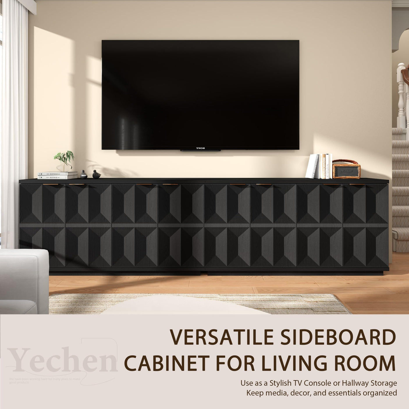 Yechen 59" Walnut Sideboard – Modern 3D Geometric Buffet Cabinet