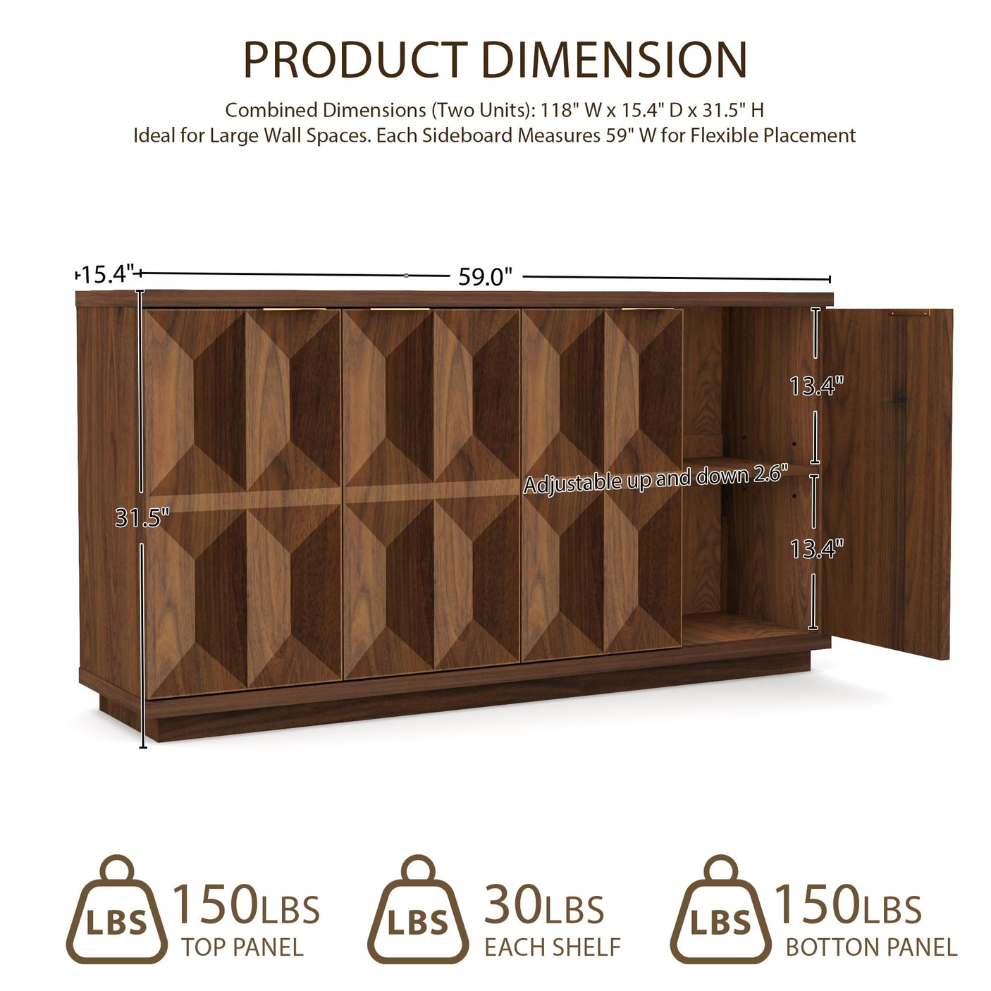 Yechen 59" Walnut Sideboard – Modern 3D Geometric Buffet Cabinet