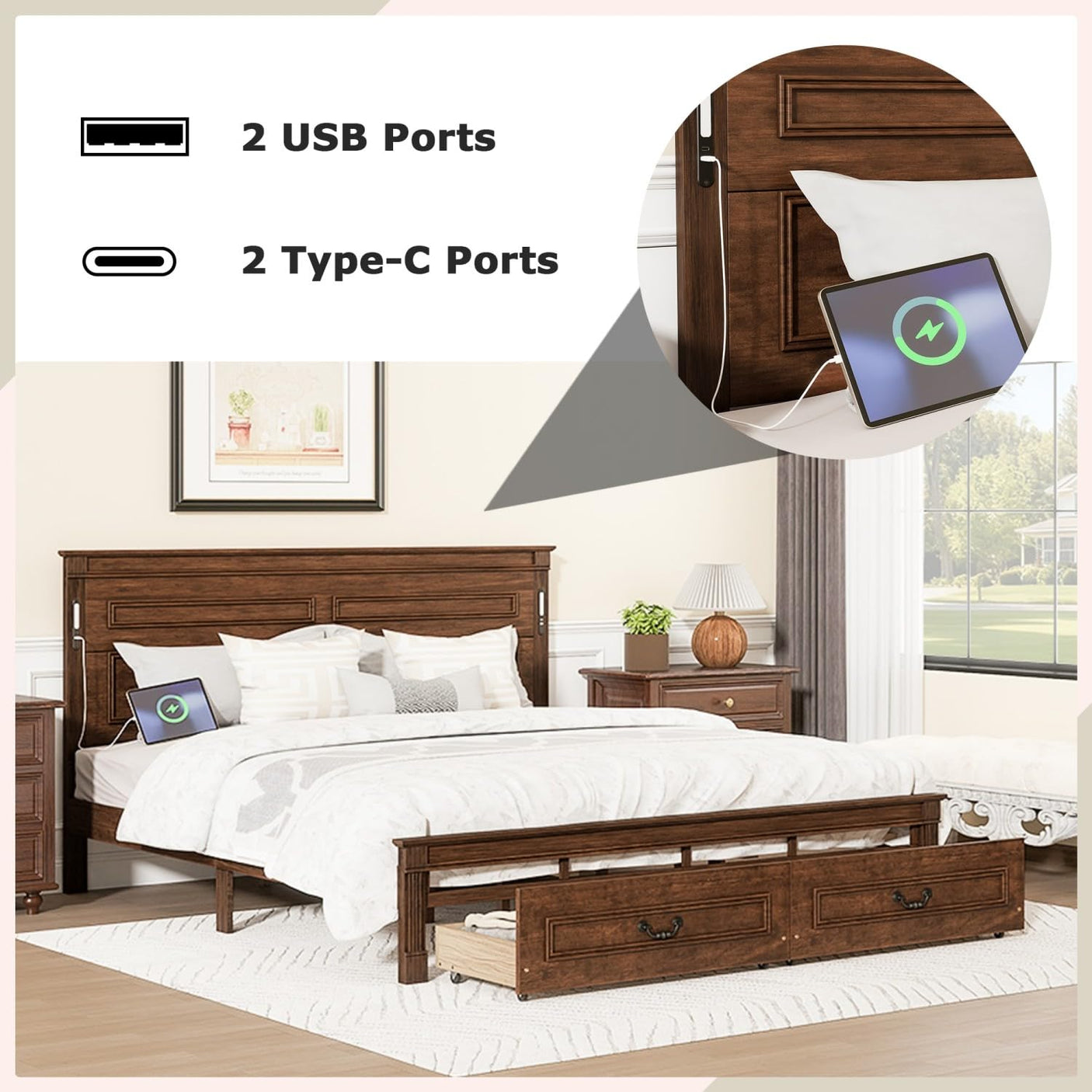 Farmhouse Bed Frame with Storage Drawers & LED Lights | Solid Pine Wood