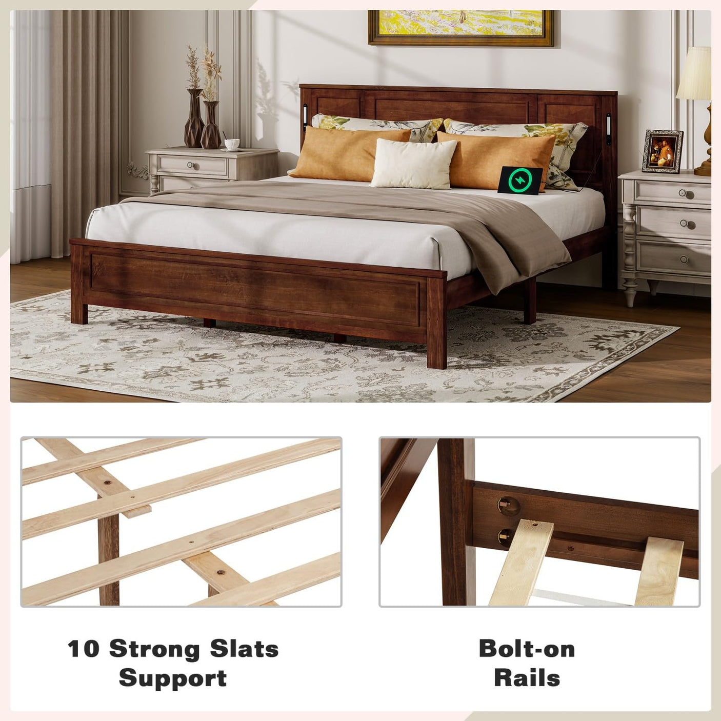 Farmhouse Bed Frame with LED Lights & Charging Station | Solid Pine Wood | Queen & King